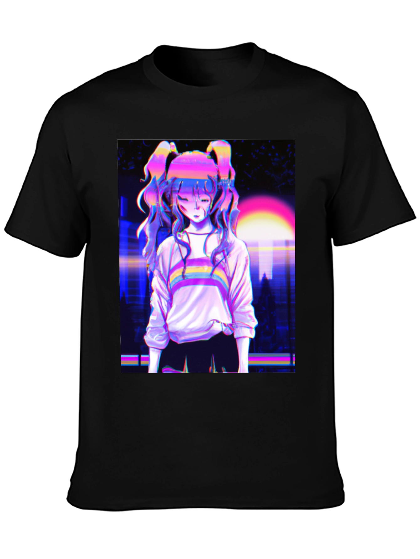 Vaporwave Anime Girl Graphic Black T-Shirt