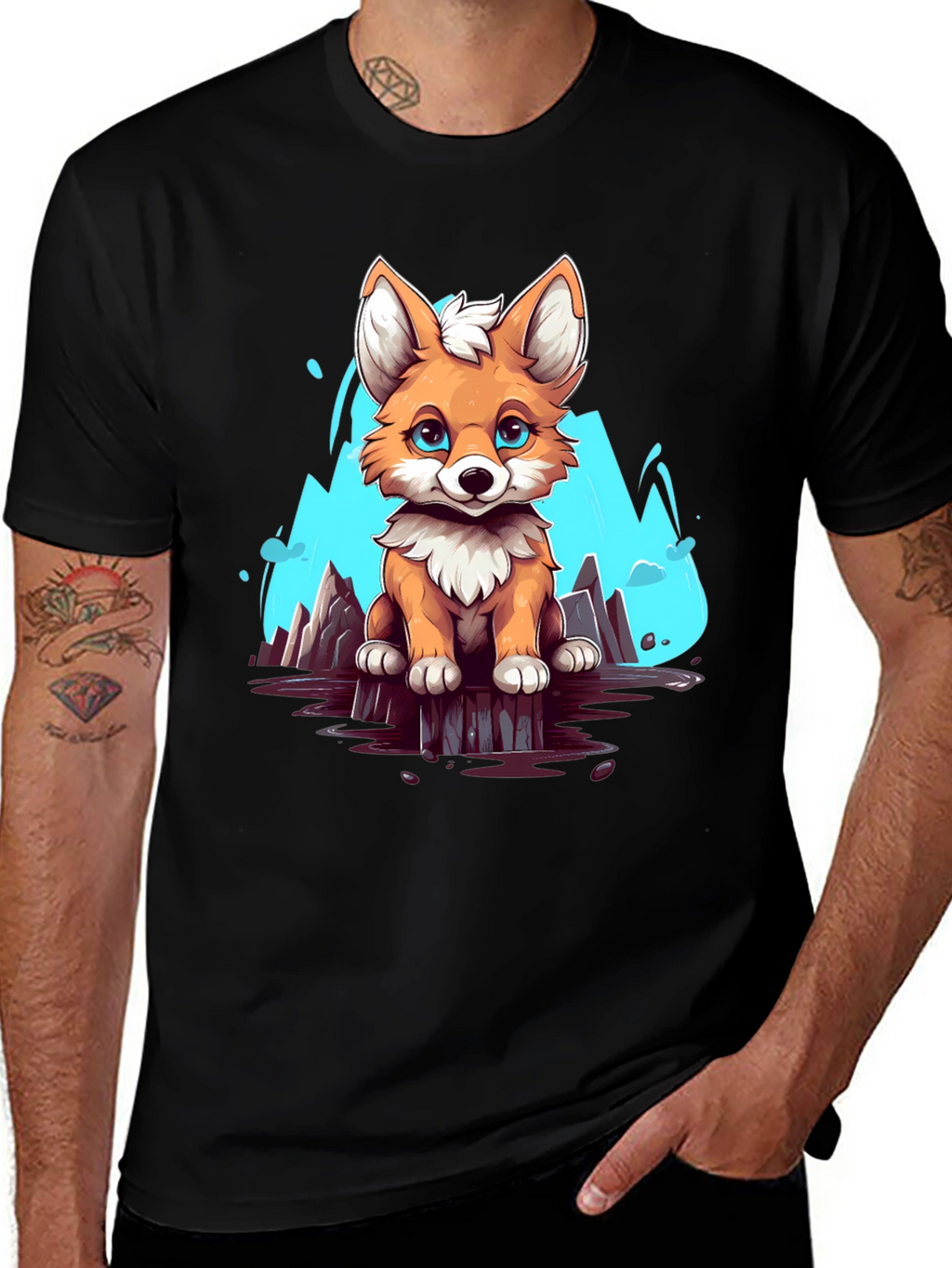 Cute Fox Graphic Tee - Soft Black Cotton Shirt