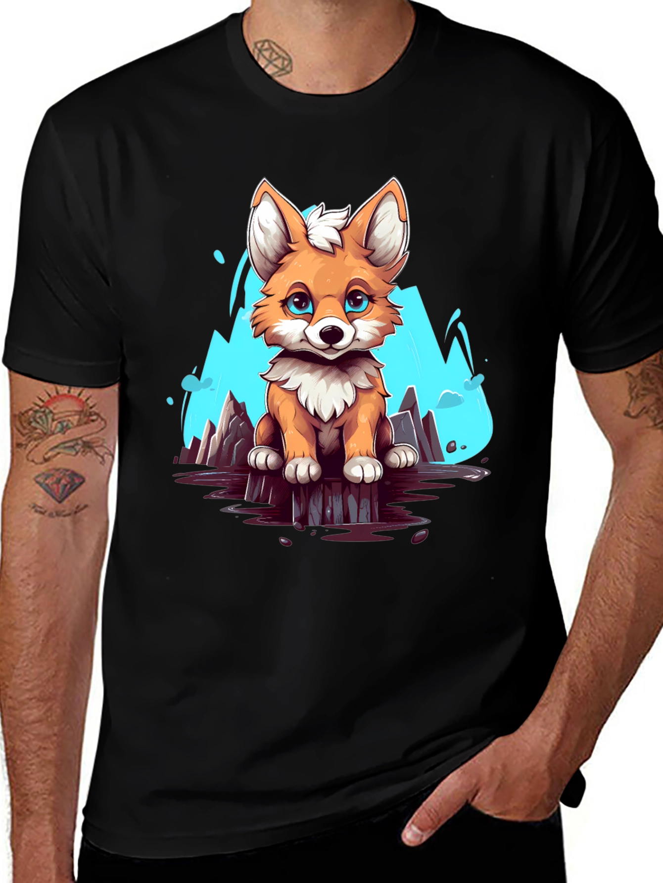Cute Fox Graphic Tee - Soft Black Cotton Shirt