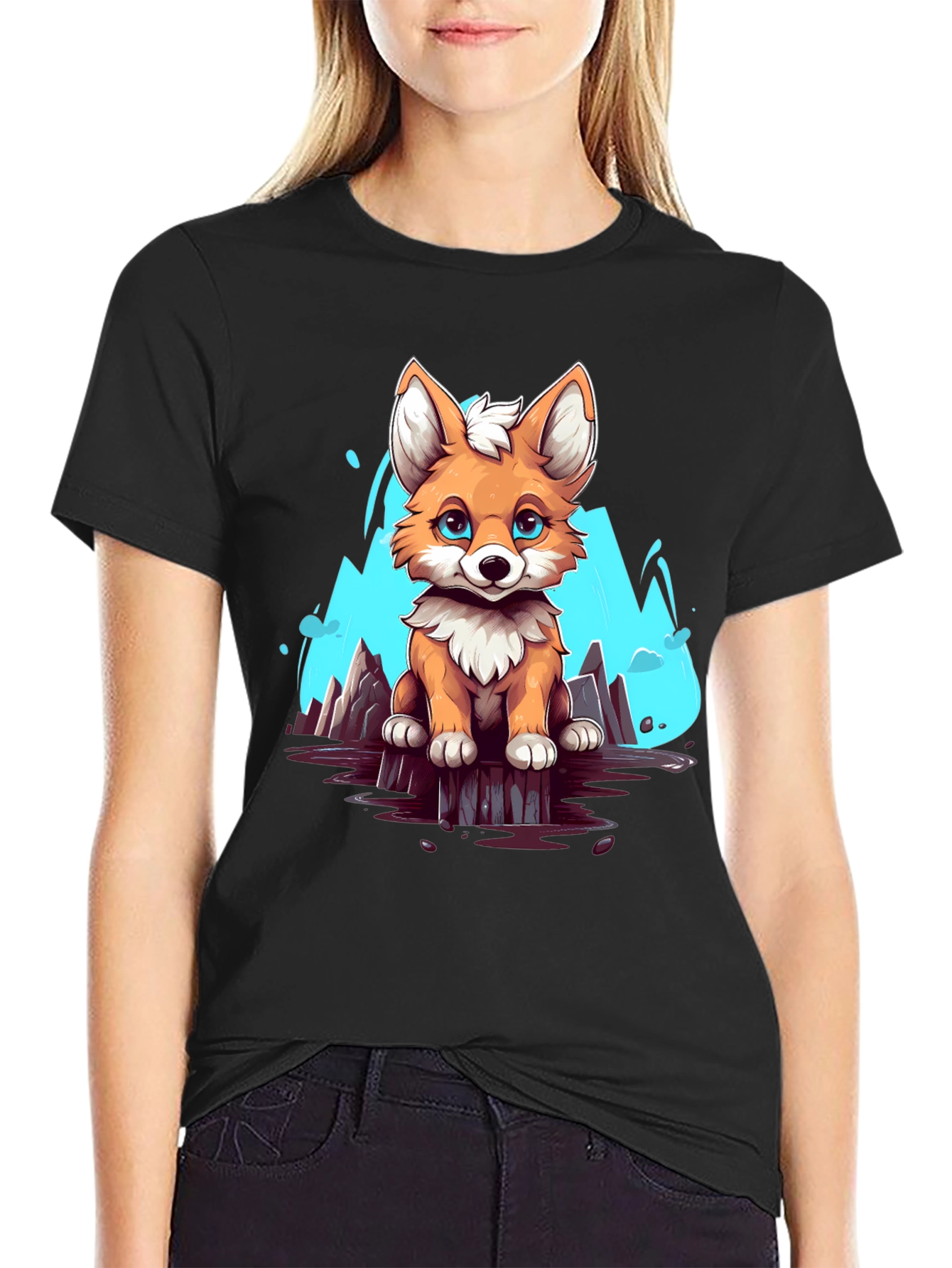 Cute Fox Graphic Tee - Soft Black Cotton Shirt