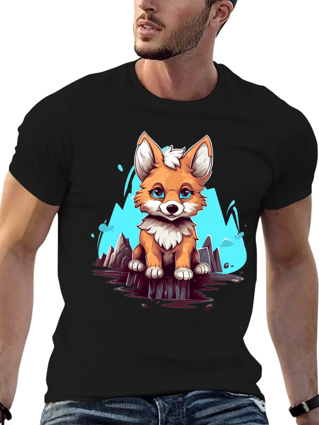 Cute Fox Graphic Tee - Soft Black Cotton Shirt