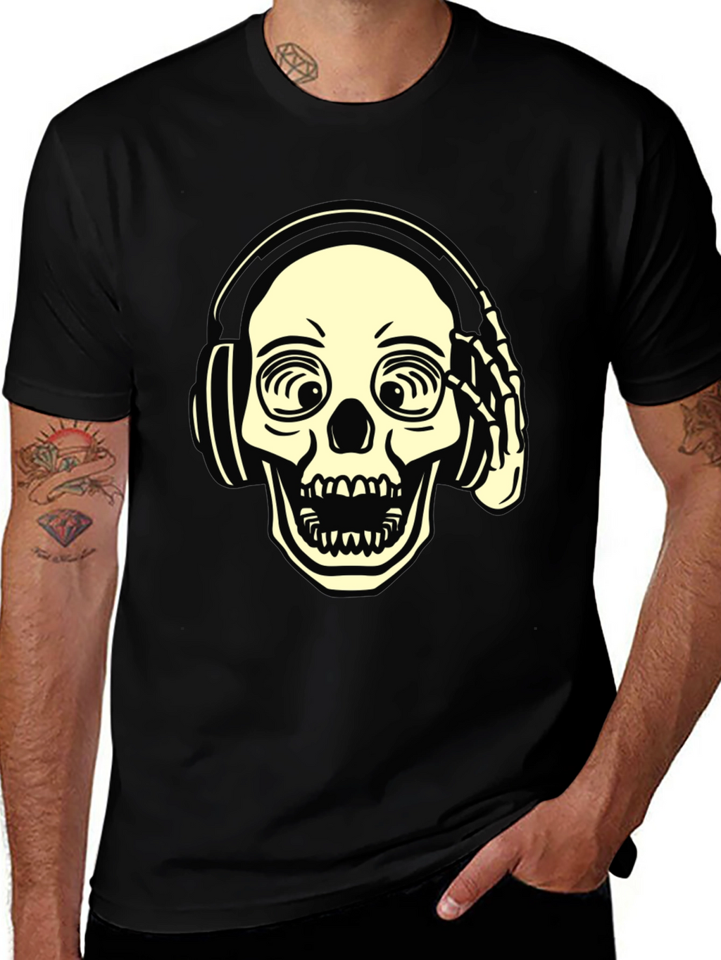 Skull with Headphones Graphic Tee - Black