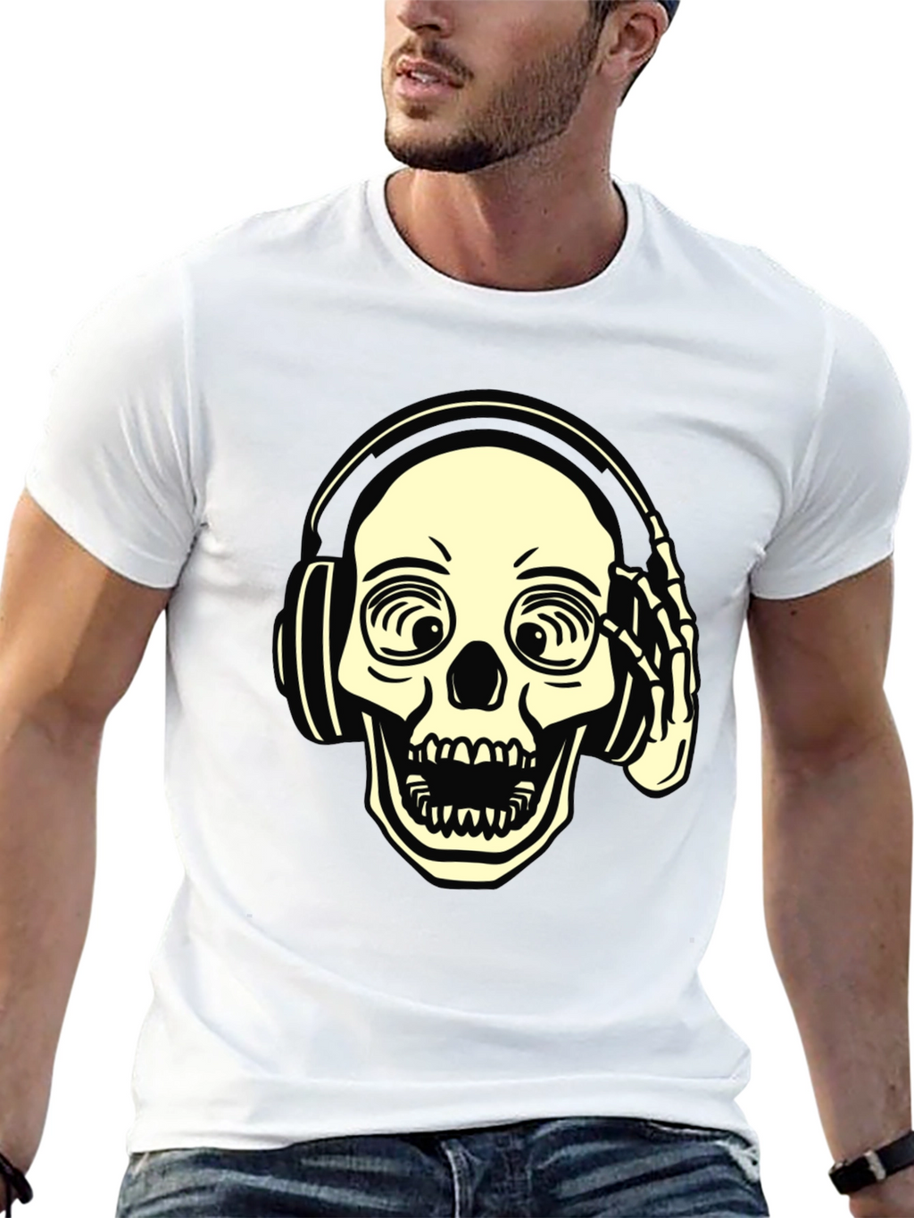 Skull with Headphones Graphic Tee - Black