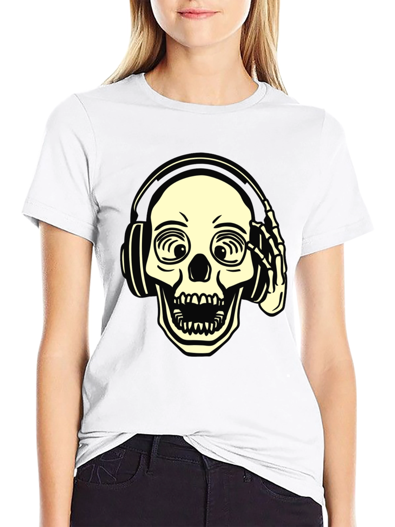 Skull with Headphones Graphic Tee - Black