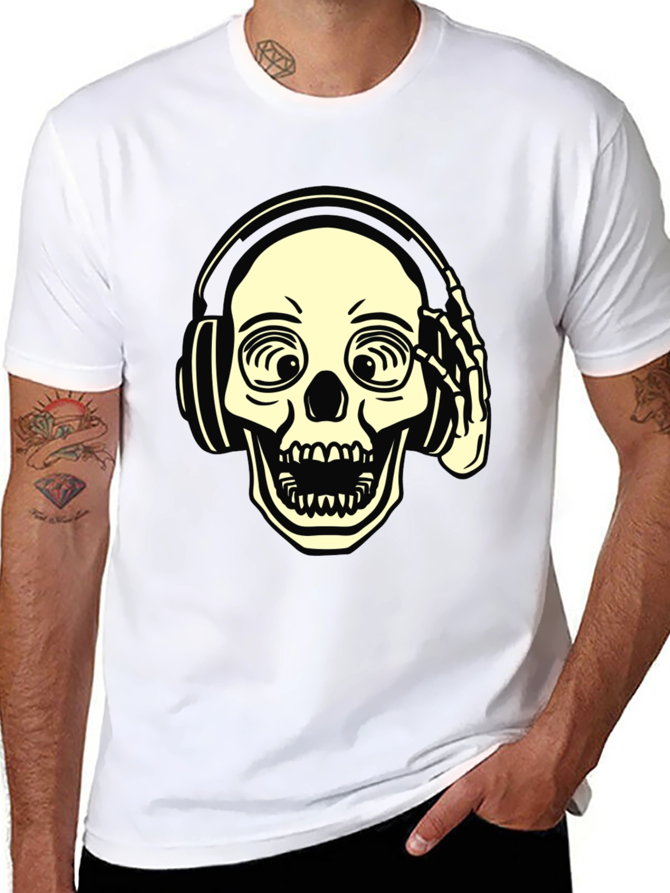 Skull with Headphones Graphic Tee - Black
