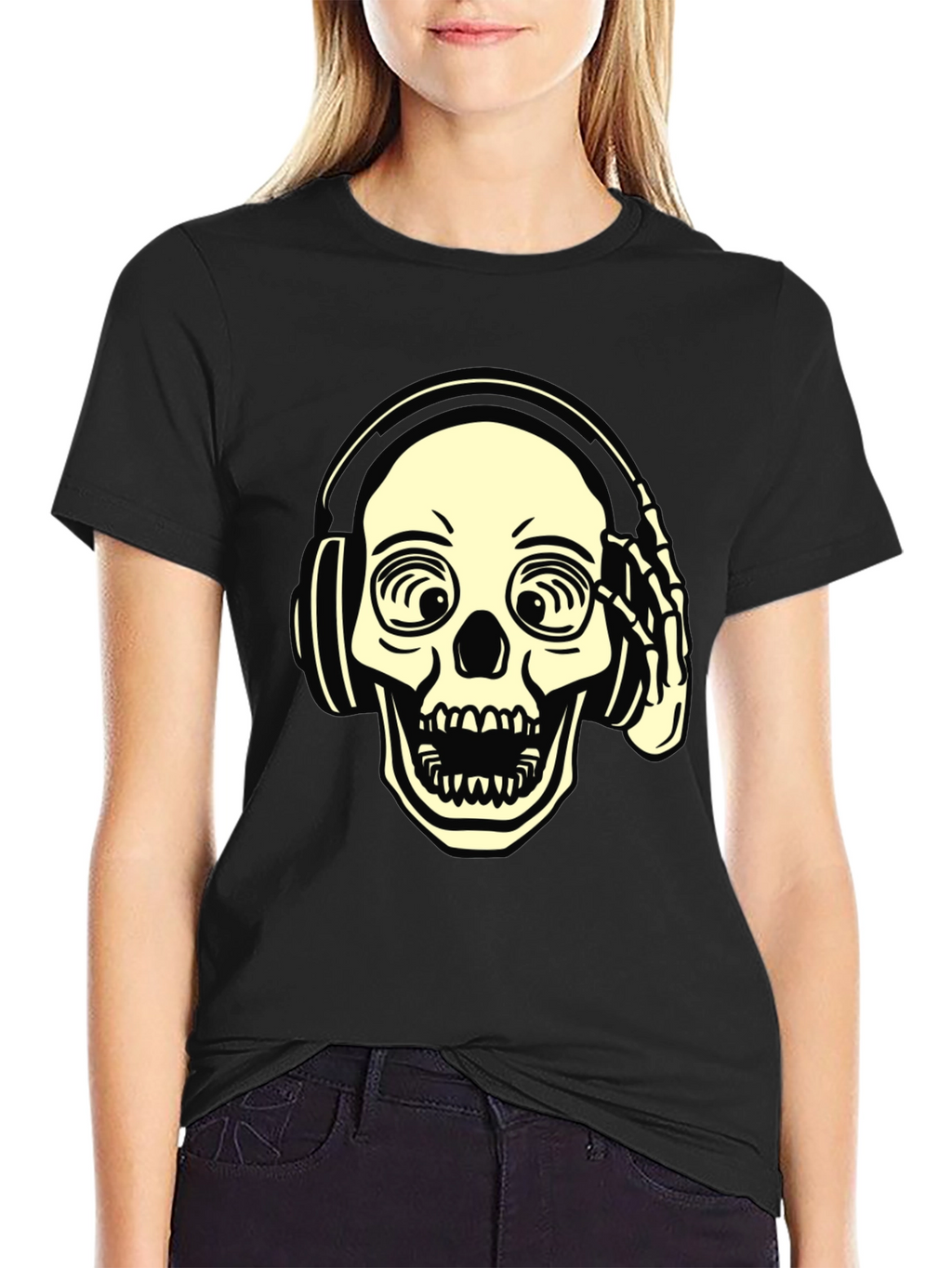 Skull with Headphones Graphic Tee - Black