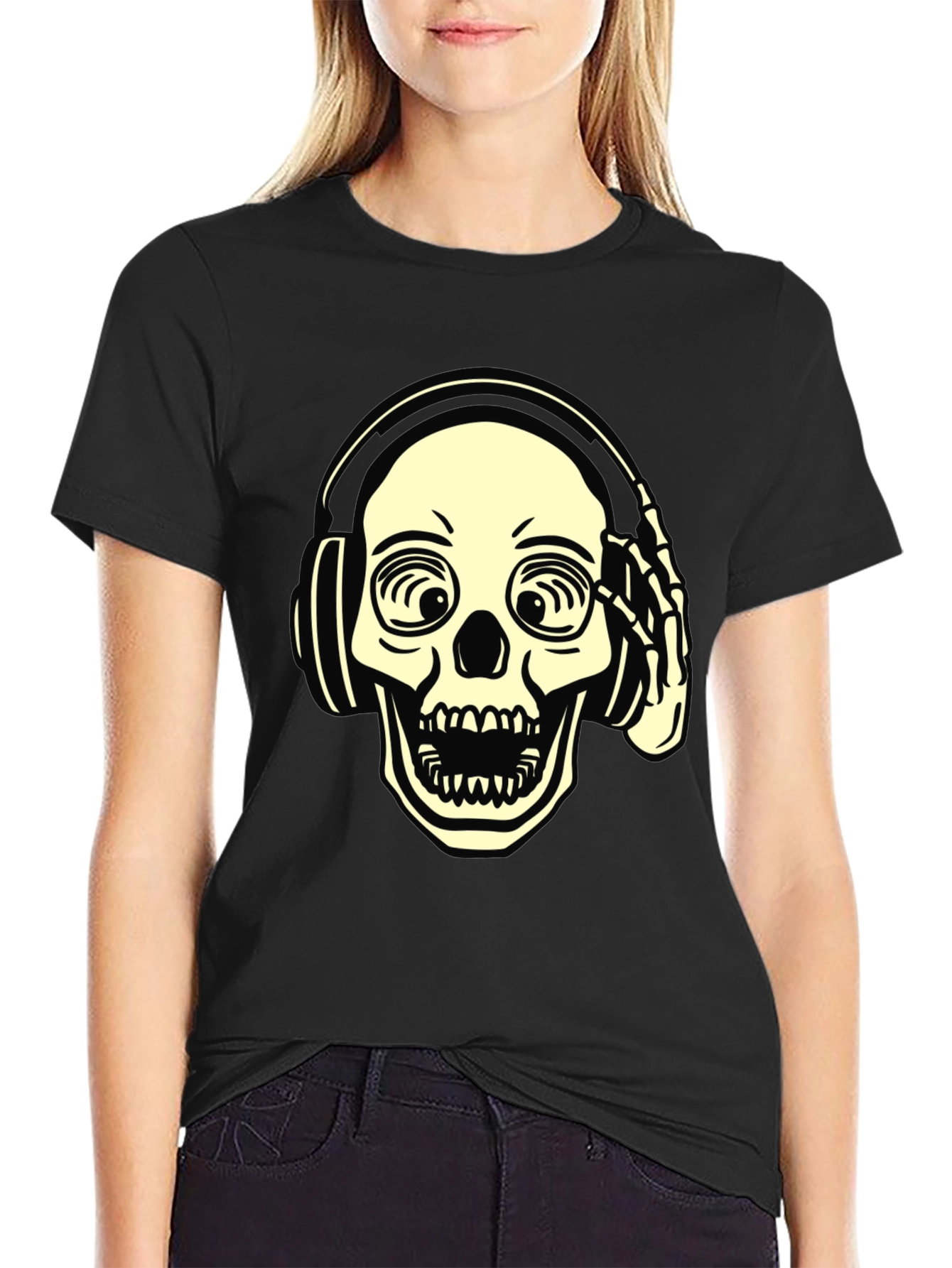 Skull with Headphones Graphic Tee - Black
