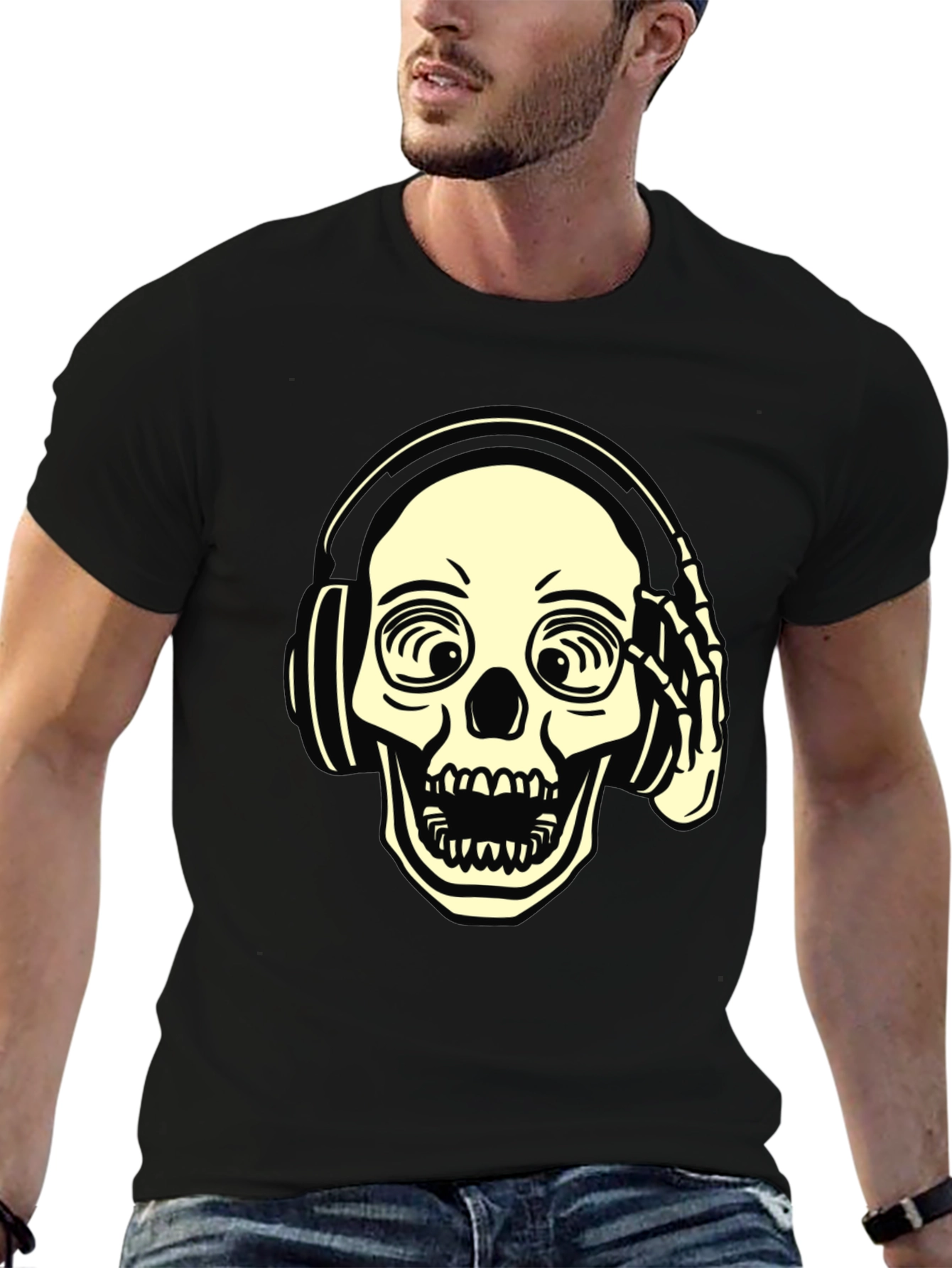 Skull with Headphones Graphic Tee - Black