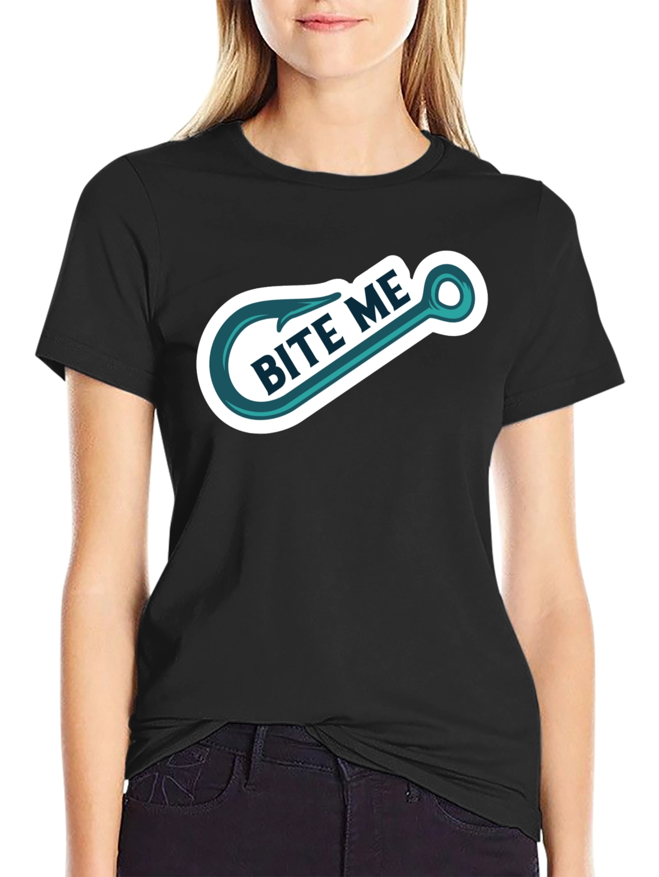 Bite Me Fishing Hook Graphic Tee - Black Cotton T-Shirt