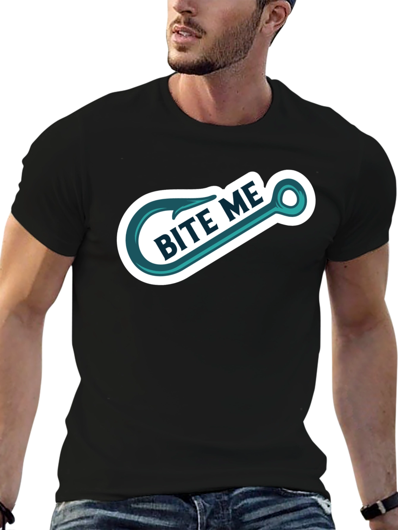 Bite Me Fishing Hook Graphic Tee - Black Cotton T-Shirt
