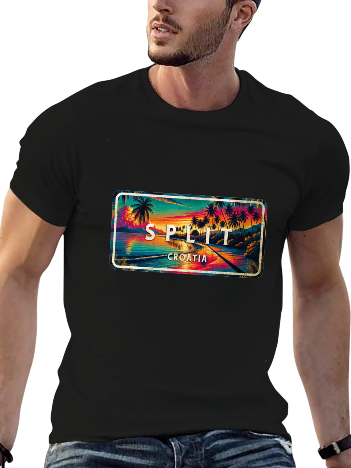 Split Croatia T-Shirt - Coastal Palm Tree Sunset Design