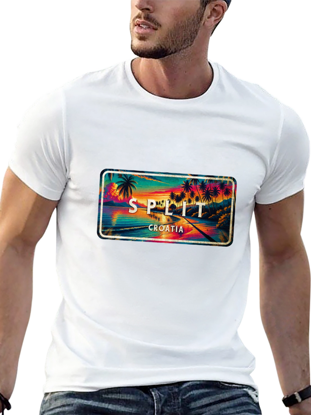 Split Croatia T-Shirt - Coastal Palm Tree Sunset Design