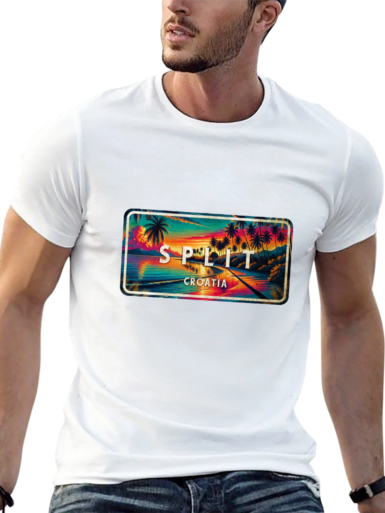 Split Croatia T-Shirt - Coastal Palm Tree Sunset Design