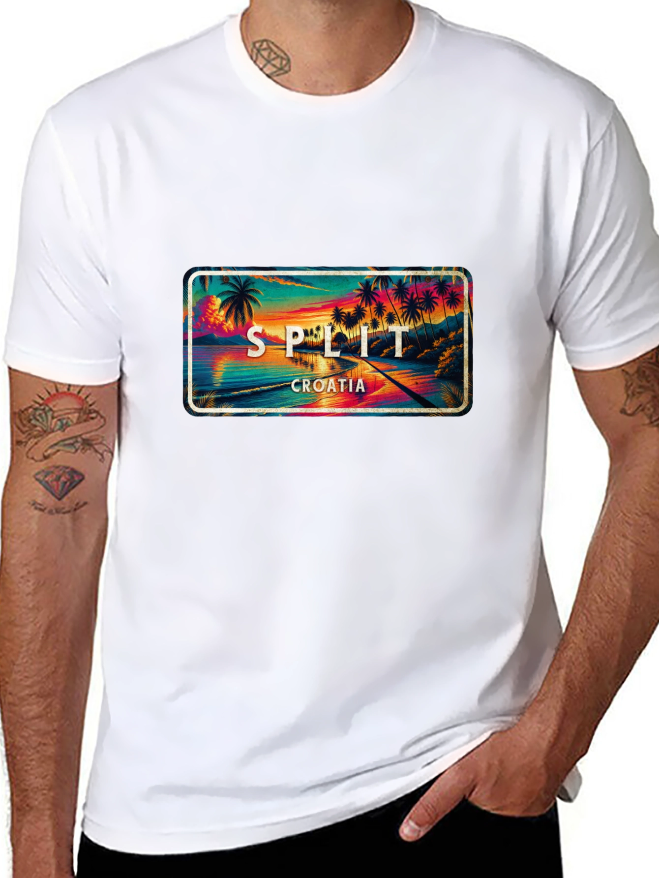 Split Croatia T-Shirt - Coastal Palm Tree Sunset Design