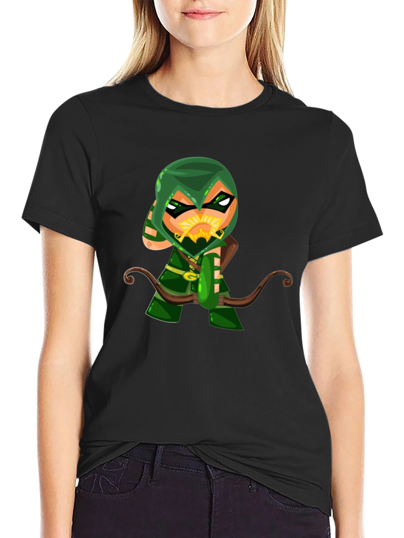 Green Arrow Cartoon Graphic Black T-Shirt