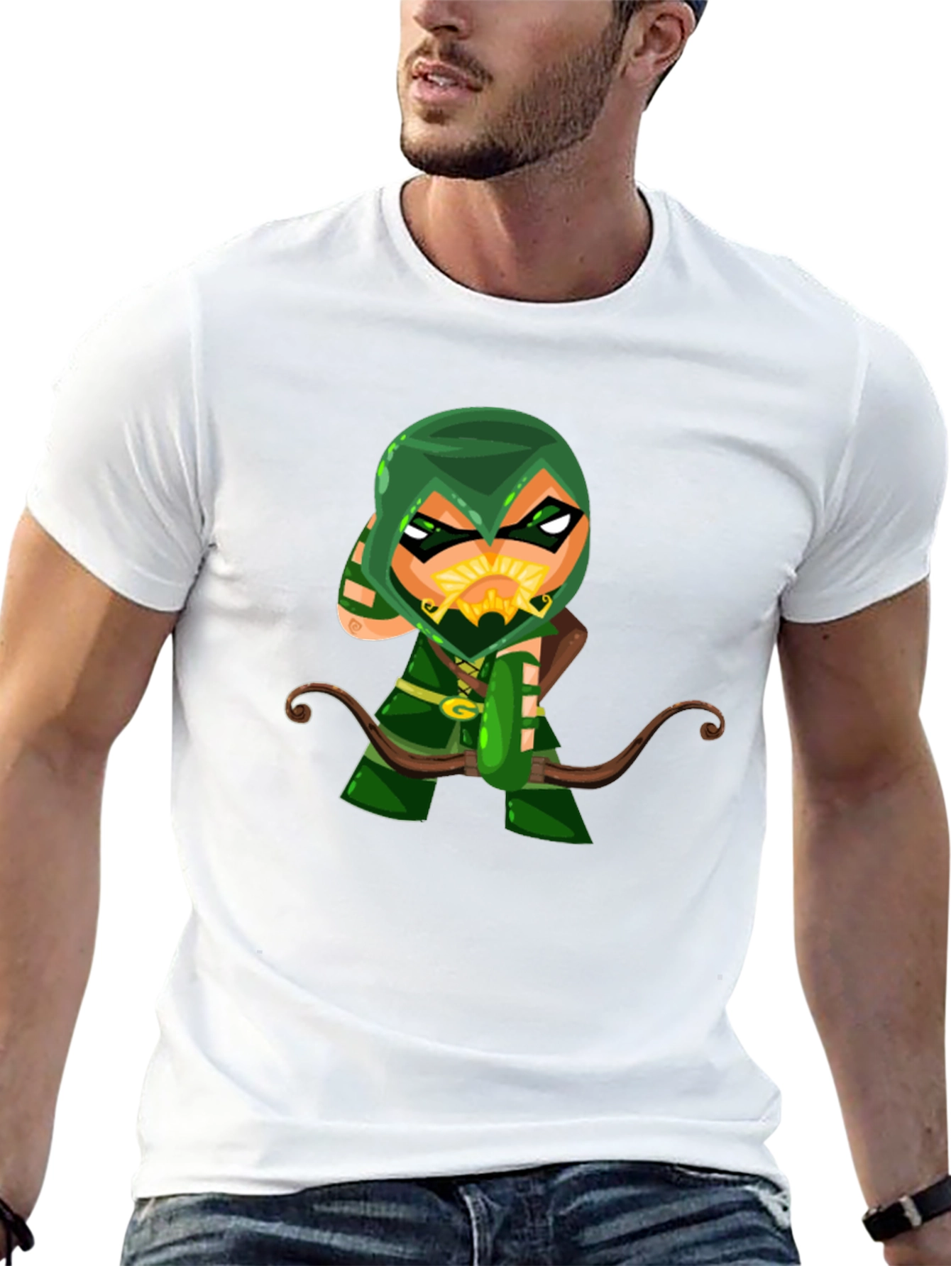 Green Arrow Cartoon Graphic Black T-Shirt