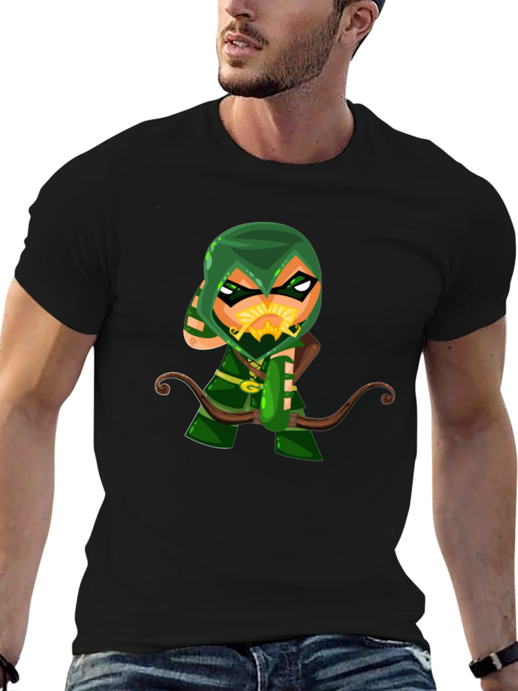 Green Arrow Cartoon Graphic Black T-Shirt
