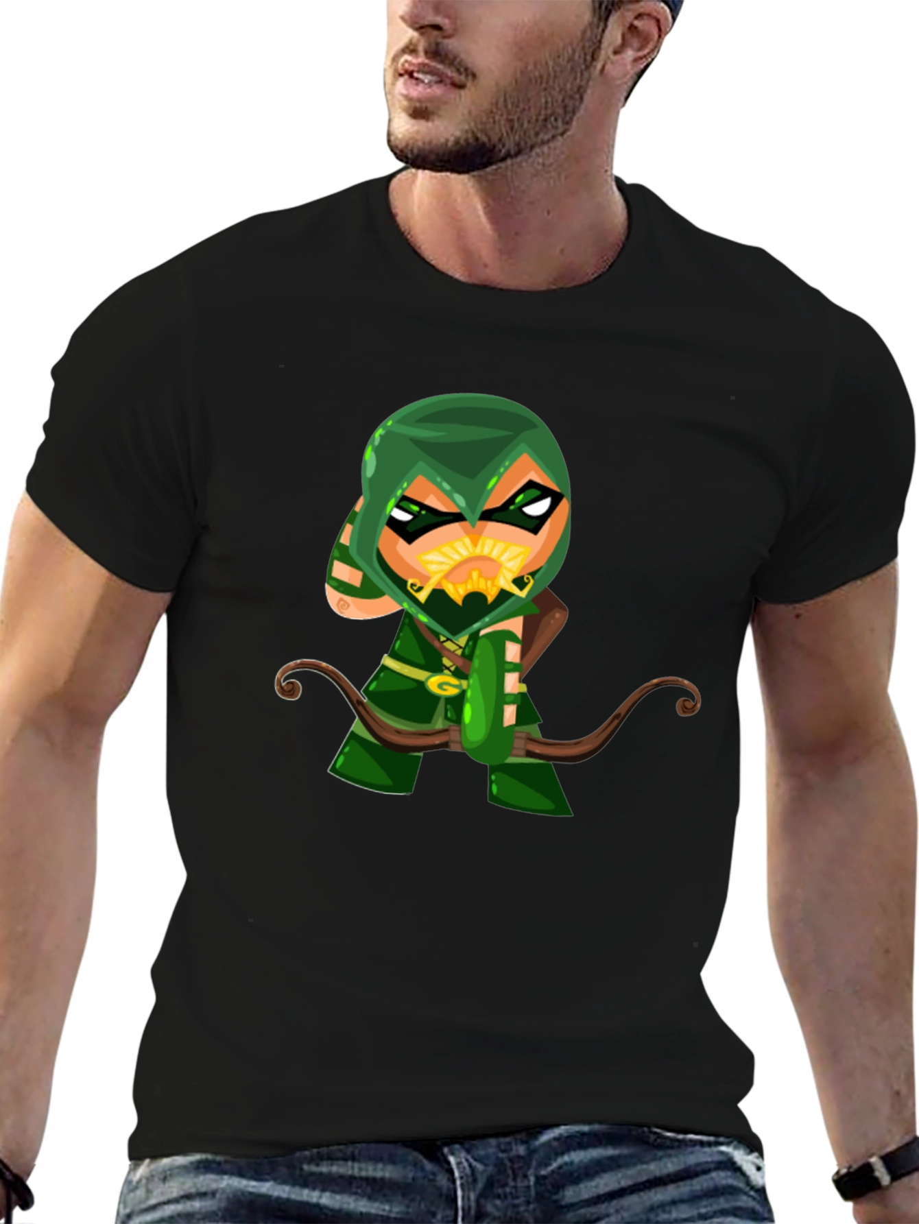 Green Arrow Cartoon Graphic Black T-Shirt