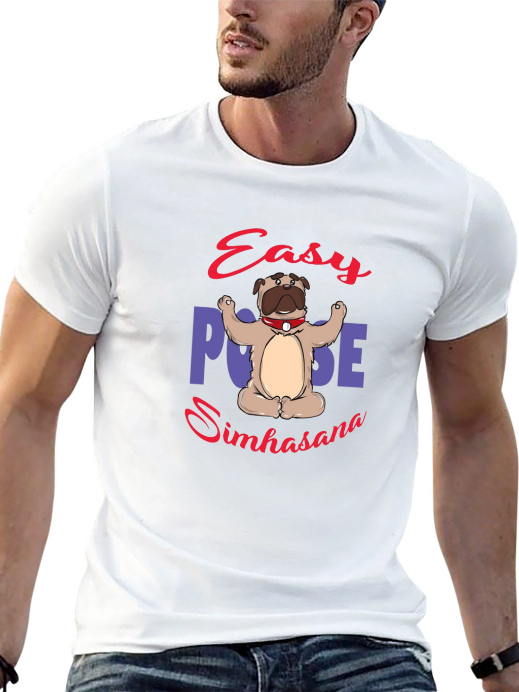 Yoga Pug Black T-Shirt - Easy Pose Simhasana