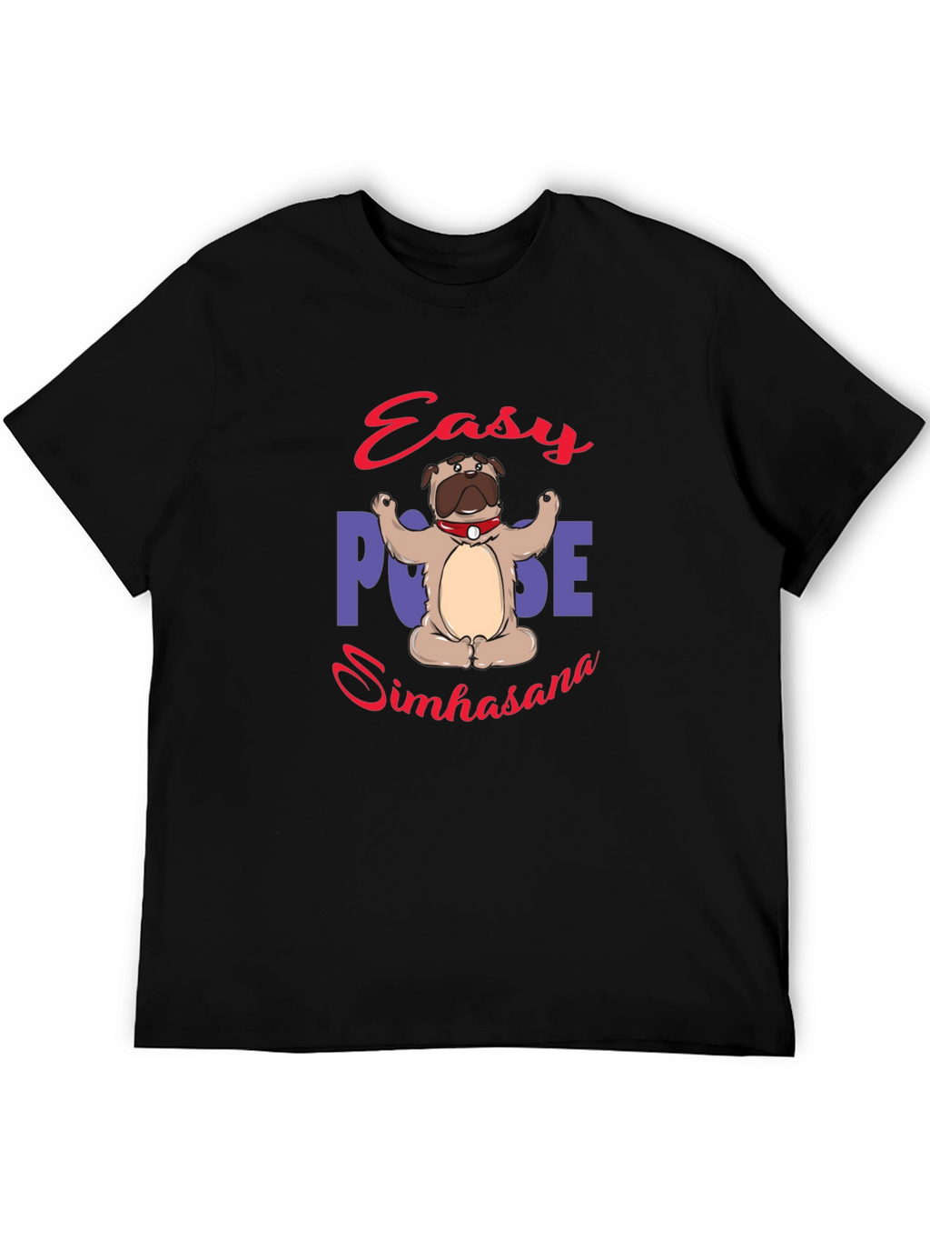 Yoga Pug Black T-Shirt - Easy Pose Simhasana