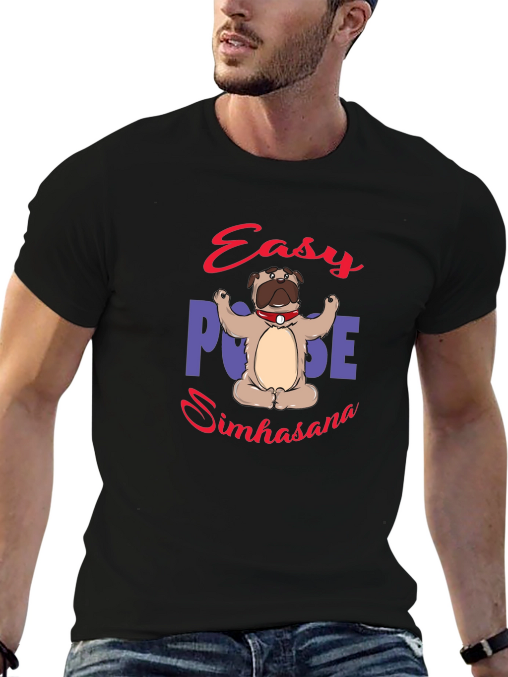 Yoga Pug Black T-Shirt - Easy Pose Simhasana