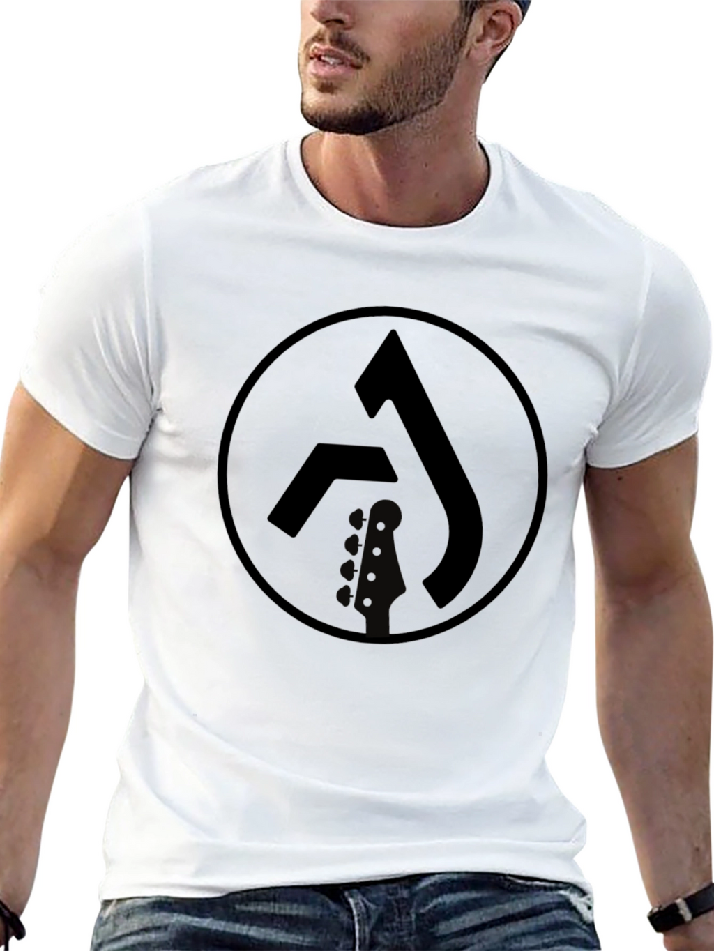 Black Graphic Tee with Circle Logo & Guitar