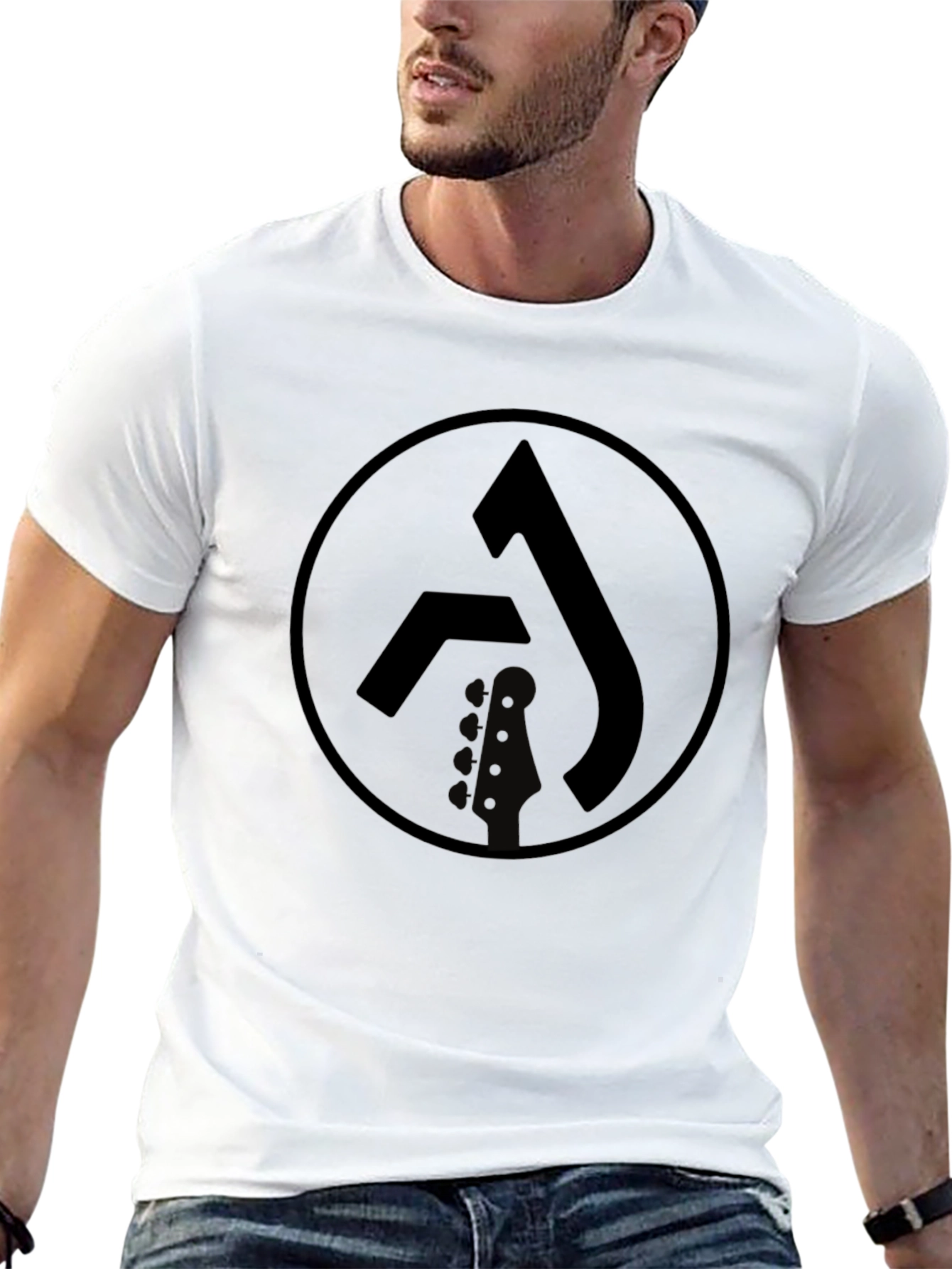 Black Graphic Tee with Circle Logo & Guitar