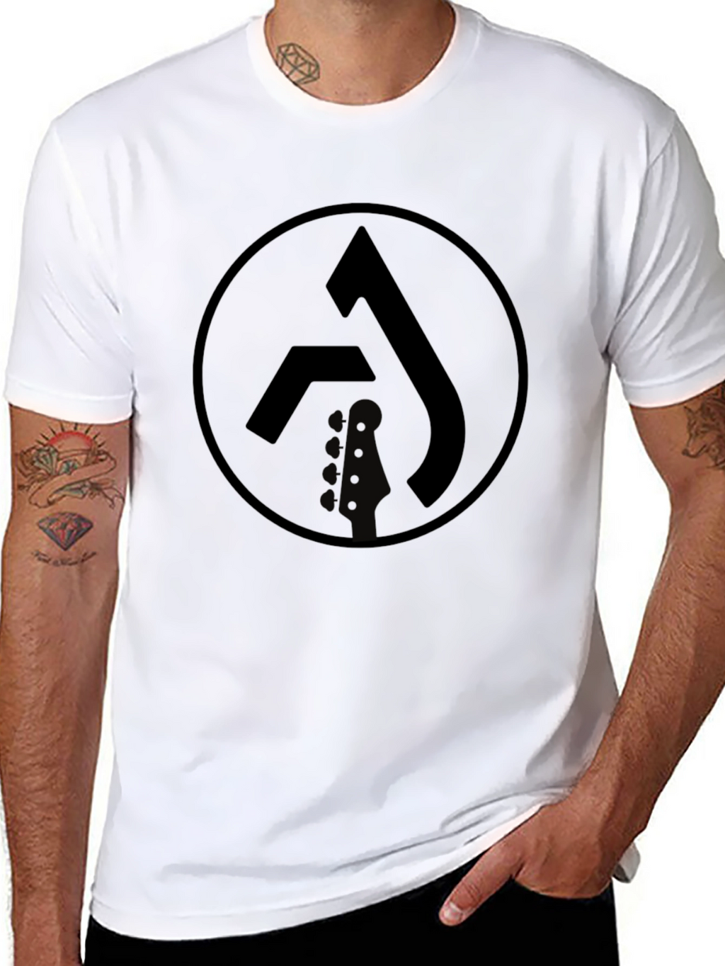 Black Graphic Tee with Circle Logo & Guitar