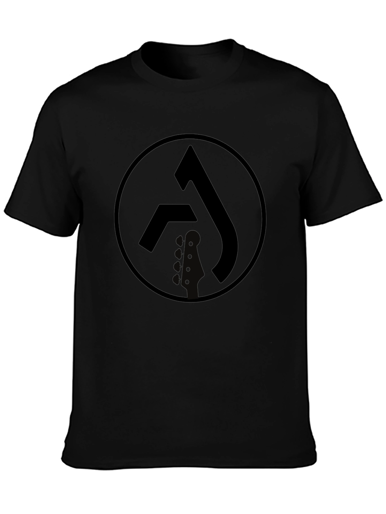 Black Graphic Tee with Circle Logo & Guitar