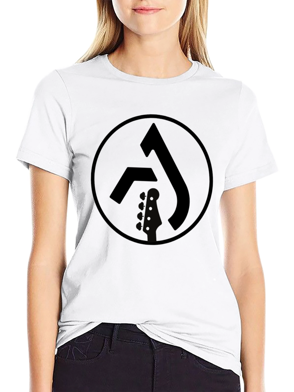 Black Graphic Tee with Circle Logo & Guitar