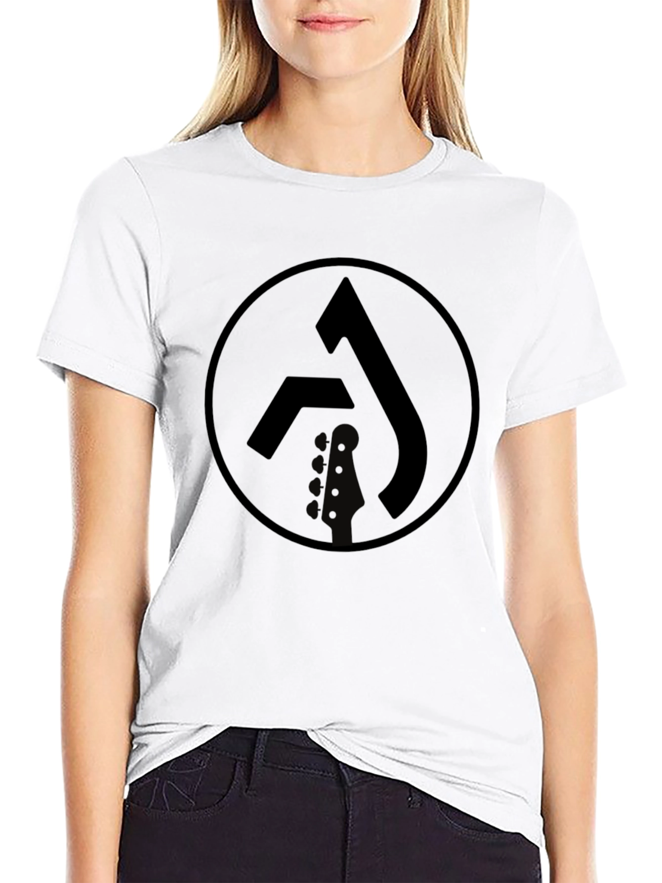 Black Graphic Tee with Circle Logo & Guitar