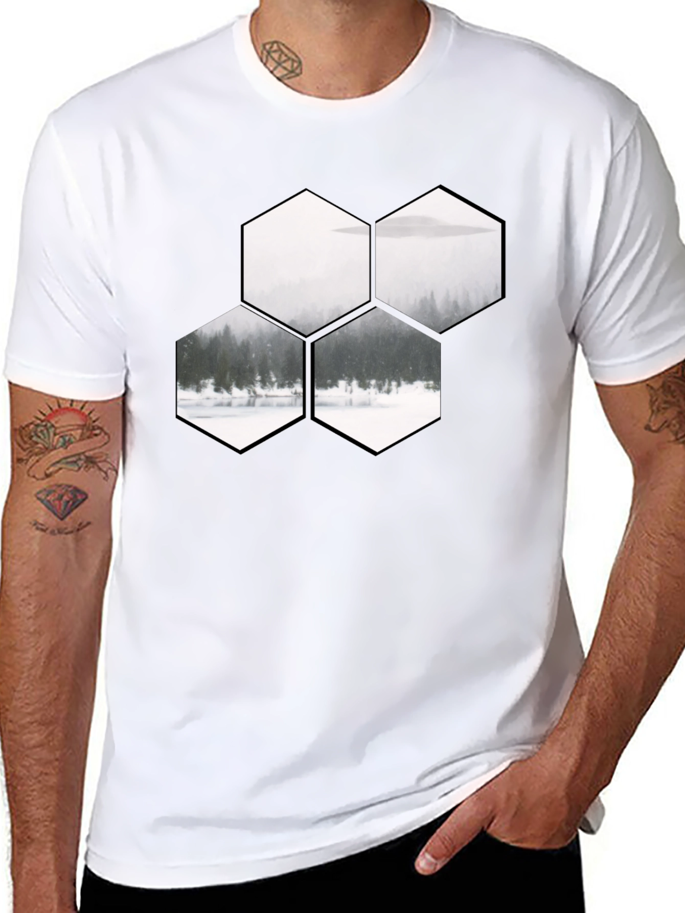 Hexagon Landscape Graphic Print Black T-Shirt