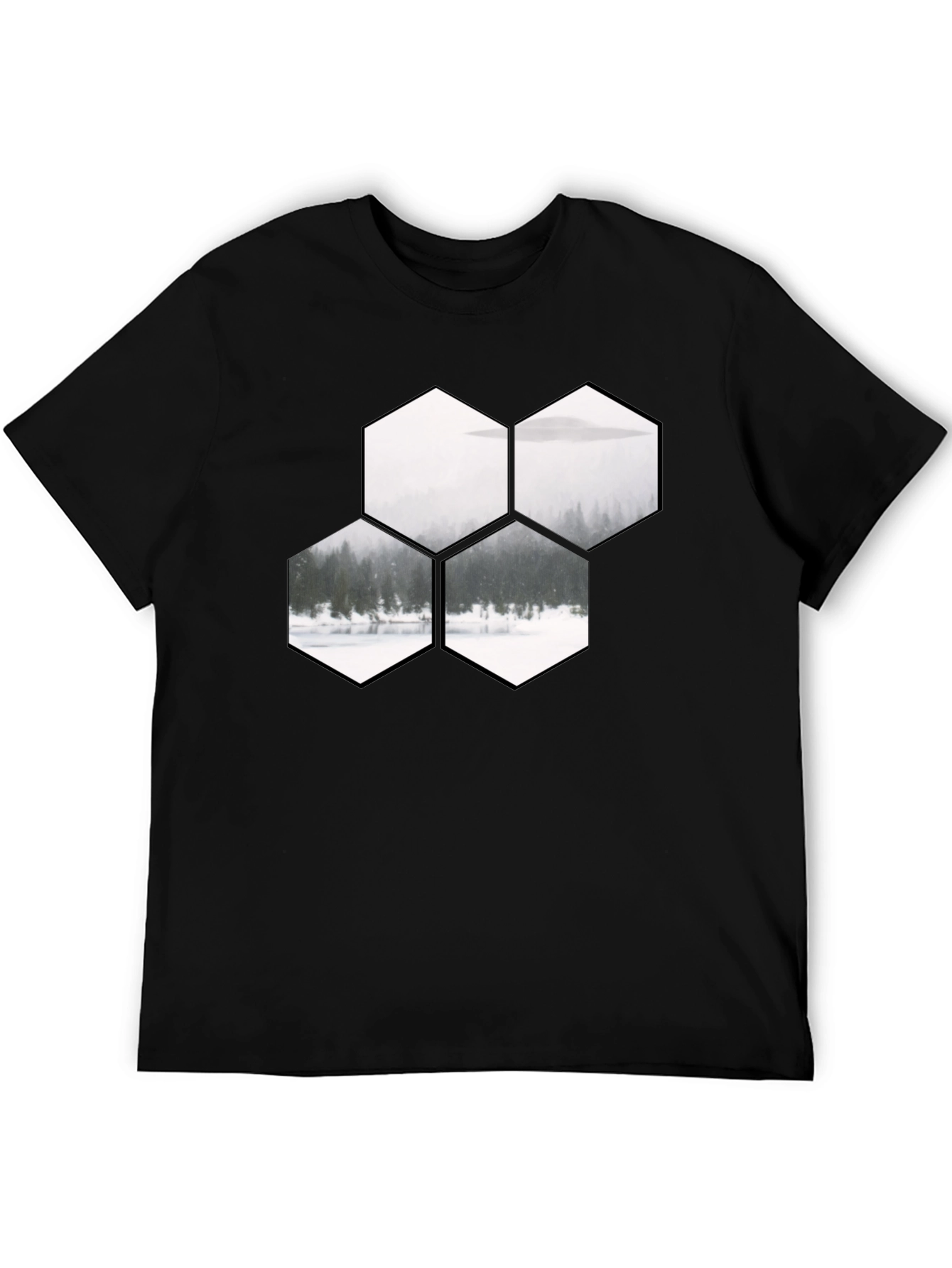 Hexagon Landscape Graphic Print Black T-Shirt