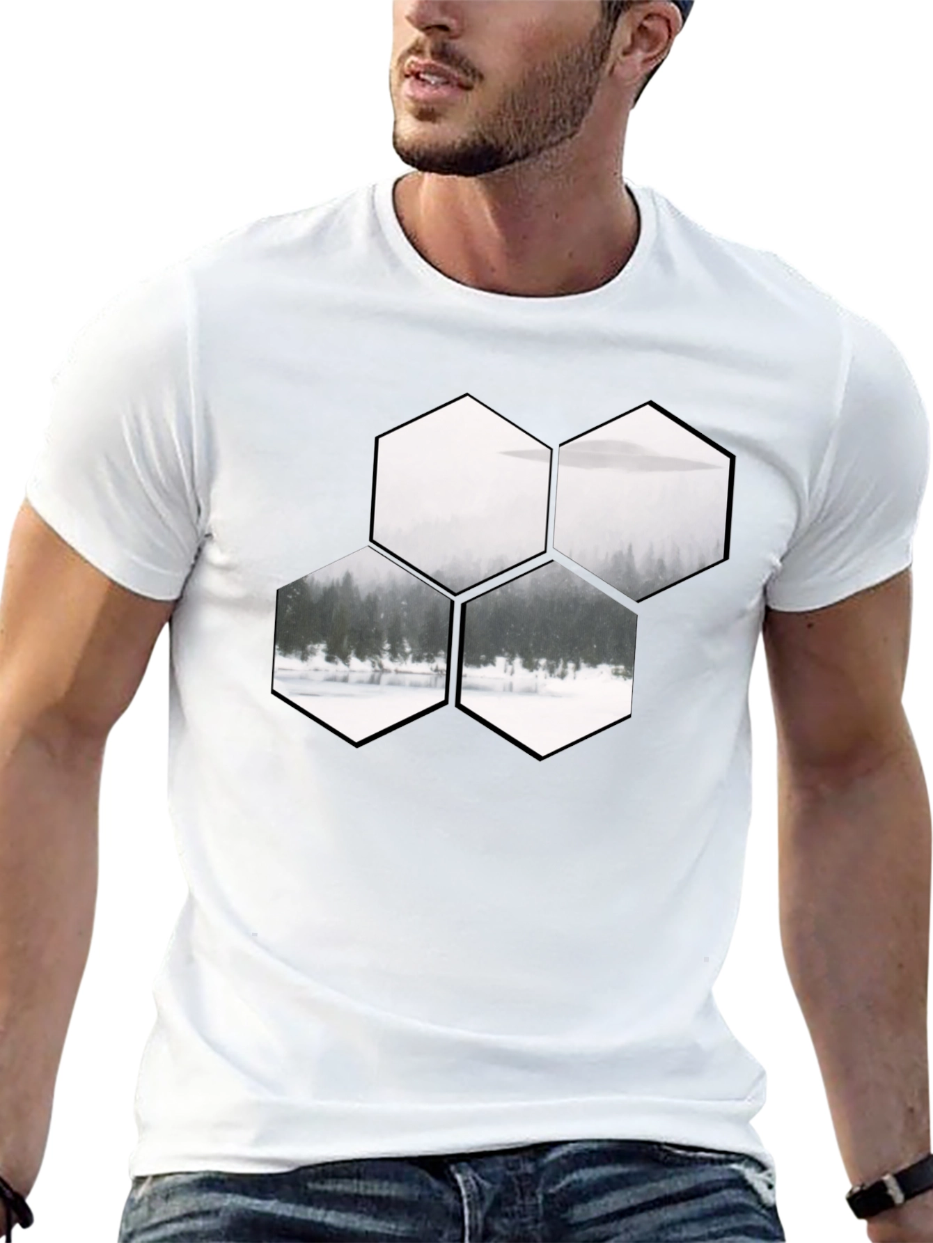 Hexagon Landscape Graphic Print Black T-Shirt