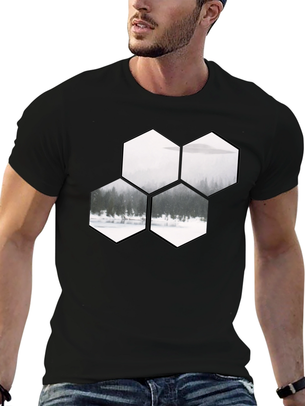 Hexagon Landscape Graphic Print Black T-Shirt