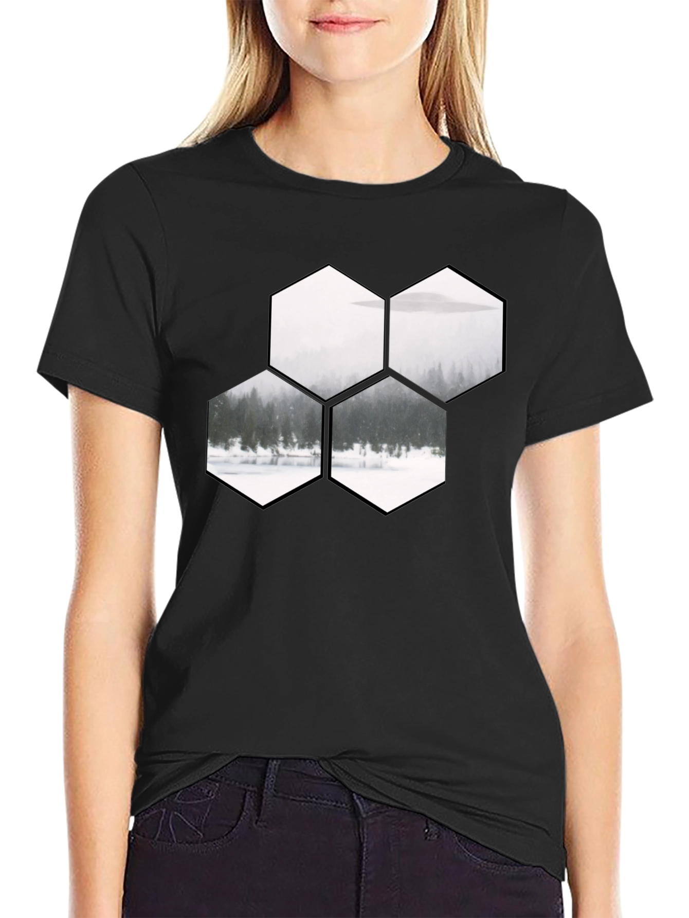 Hexagon Landscape Graphic Print Black T-Shirt
