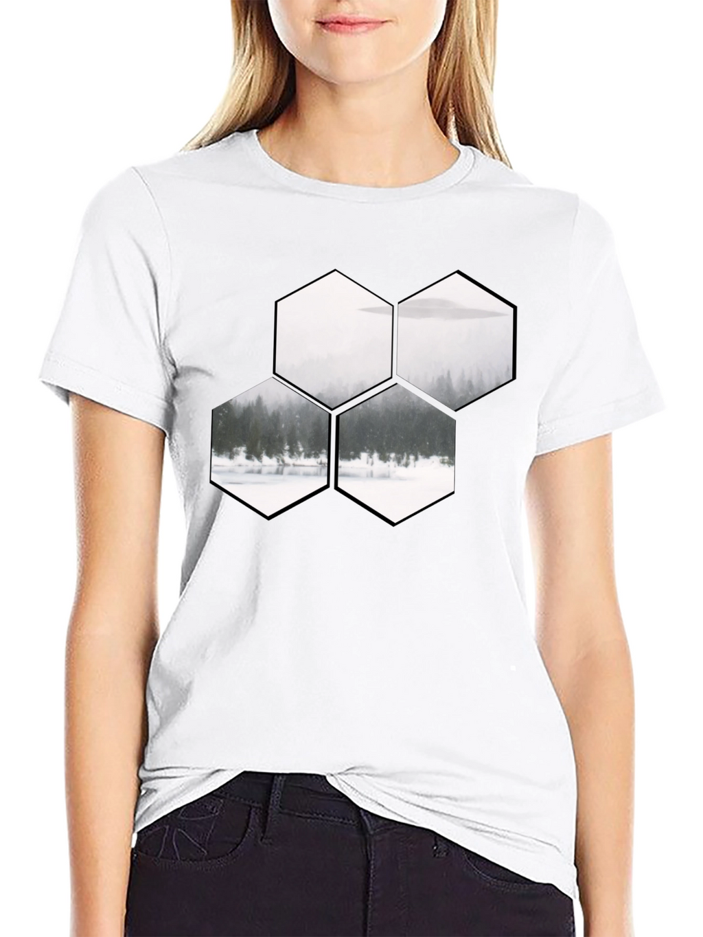 Hexagon Landscape Graphic Print Black T-Shirt