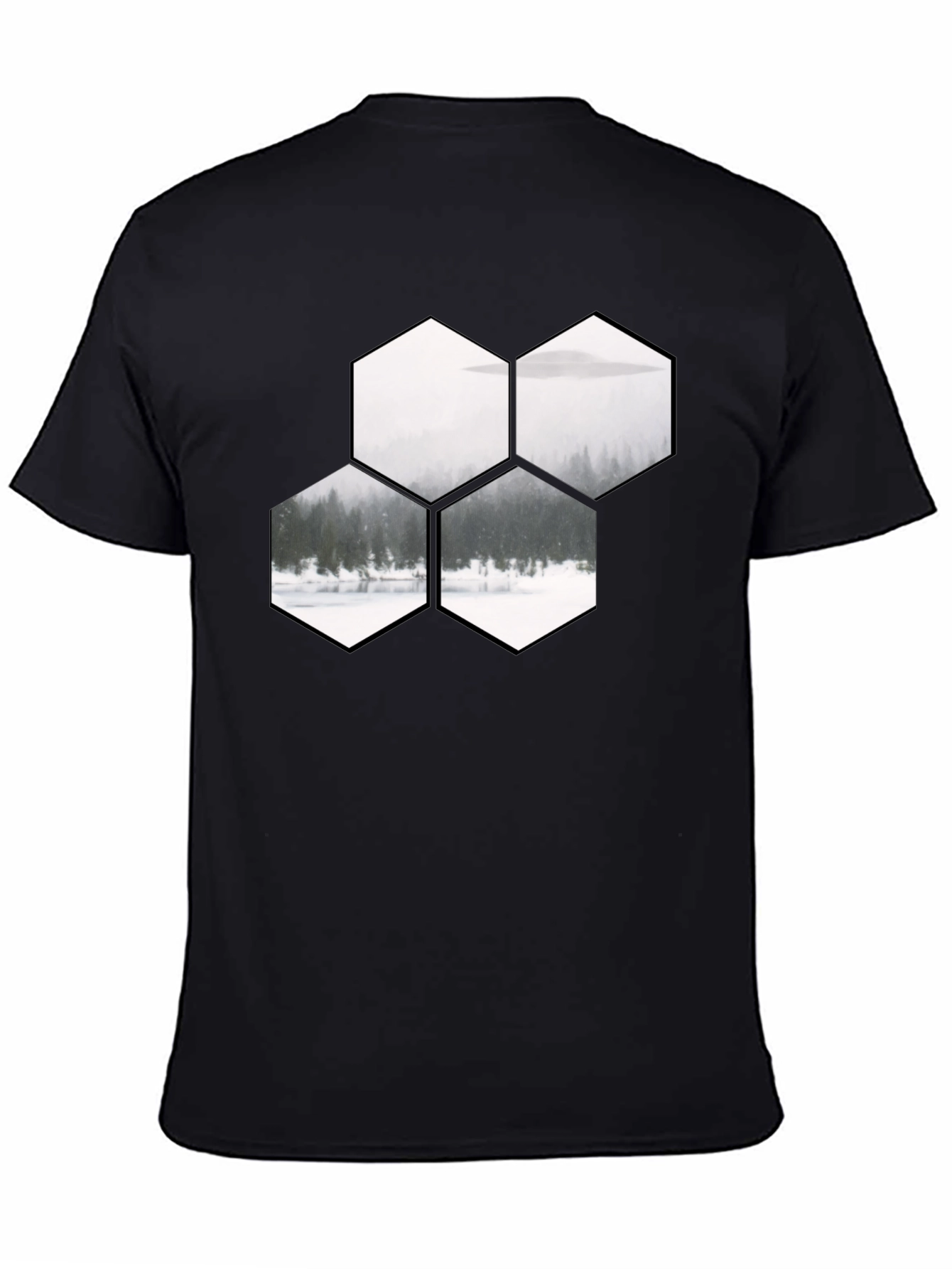 Hexagon Landscape Graphic Print Black T-Shirt