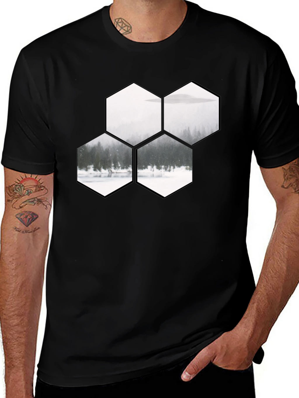 Hexagon Landscape Graphic Print Black T-Shirt