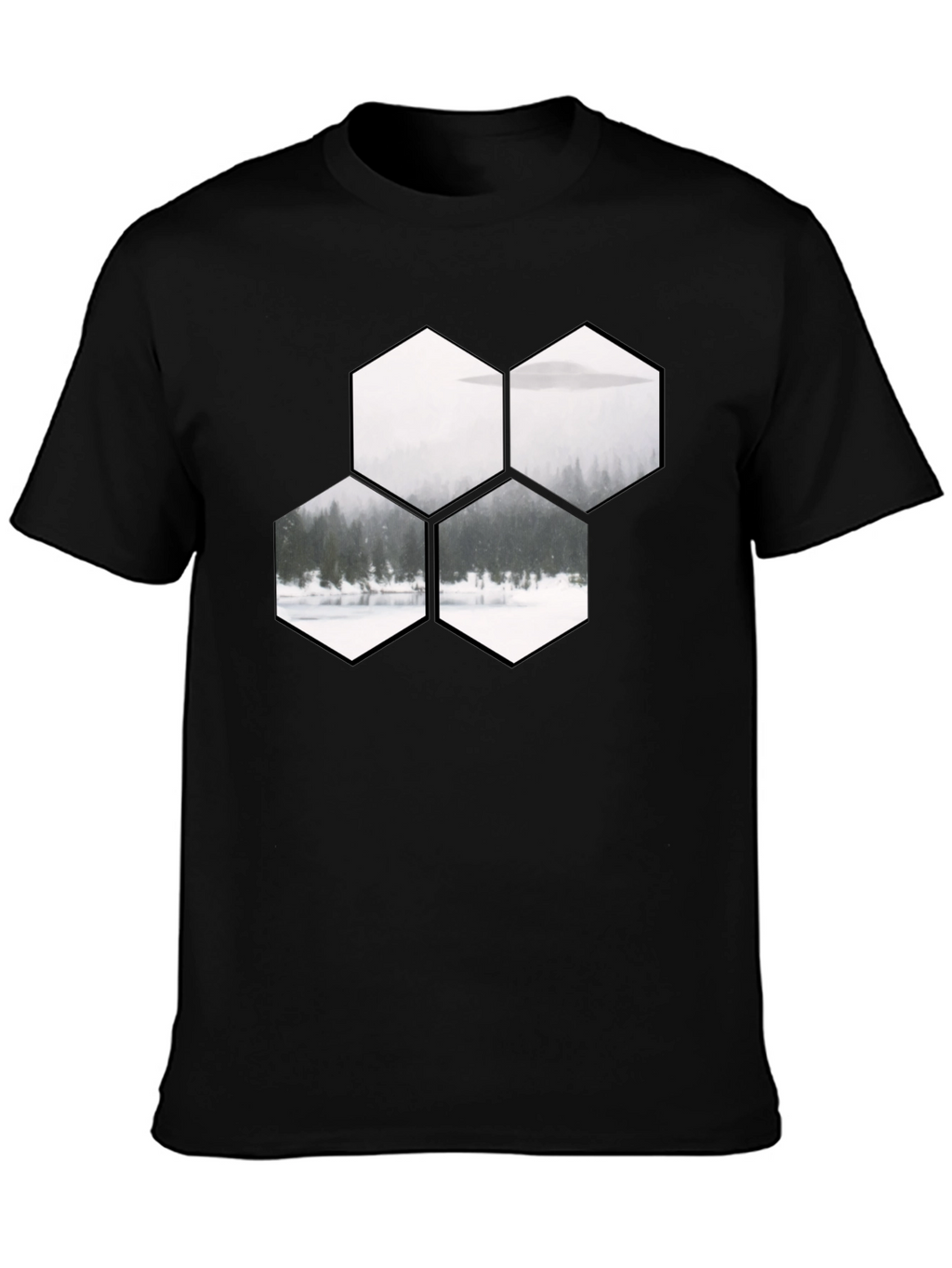 Hexagon Landscape Graphic Print Black T-Shirt