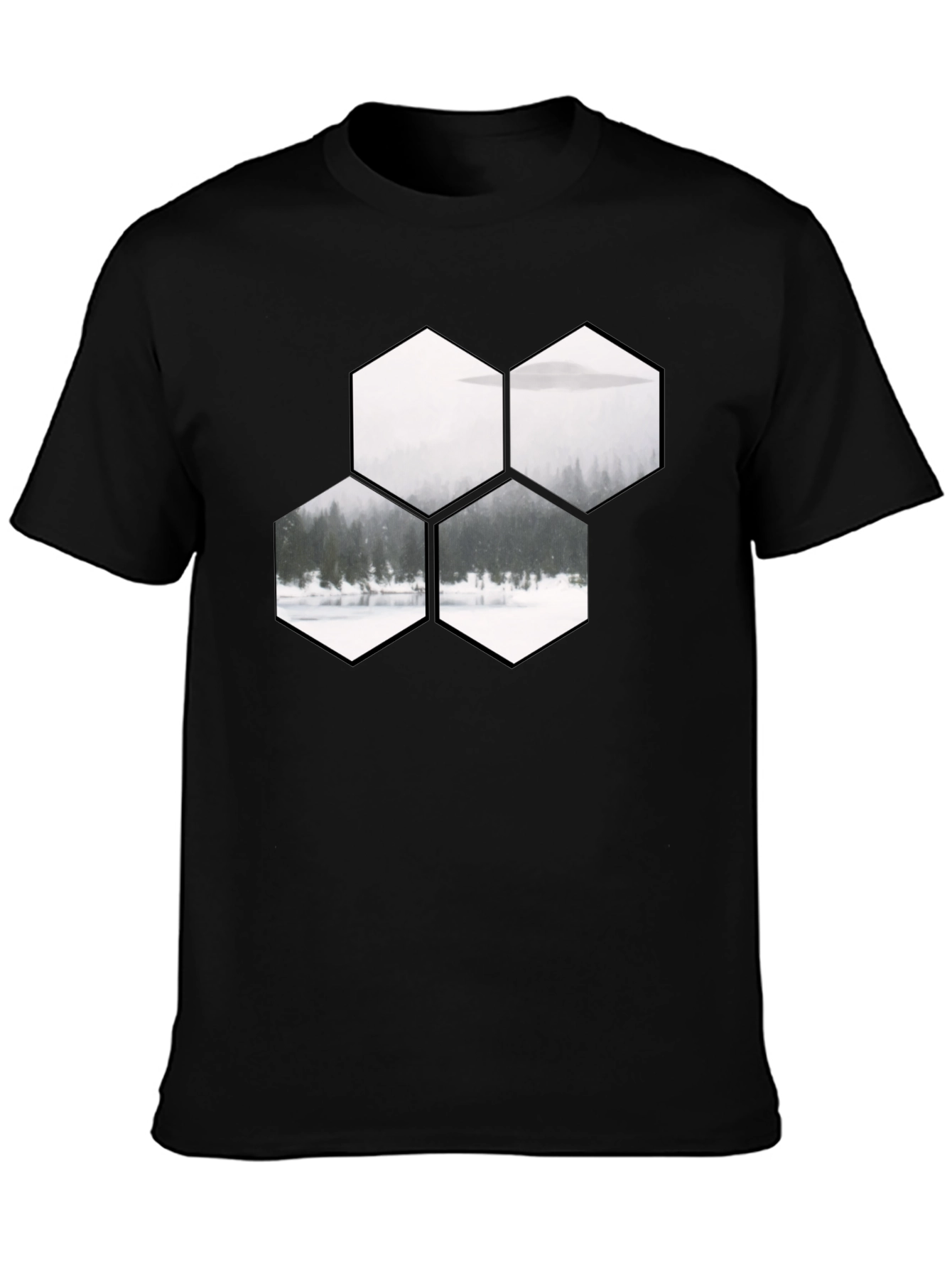 Hexagon Landscape Graphic Print Black T-Shirt