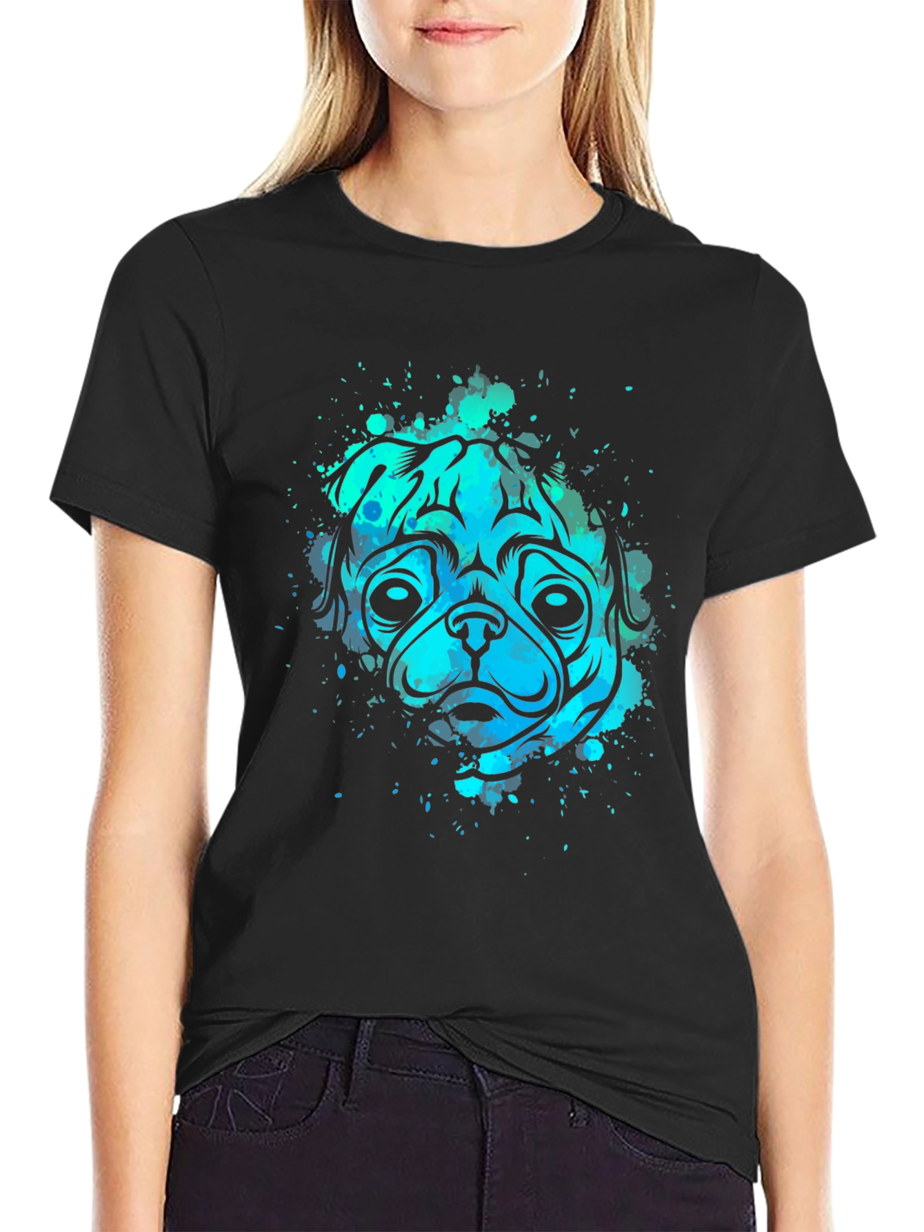 Pug Dog Watercolor Graphic Tee - Mens Black T-Shirt