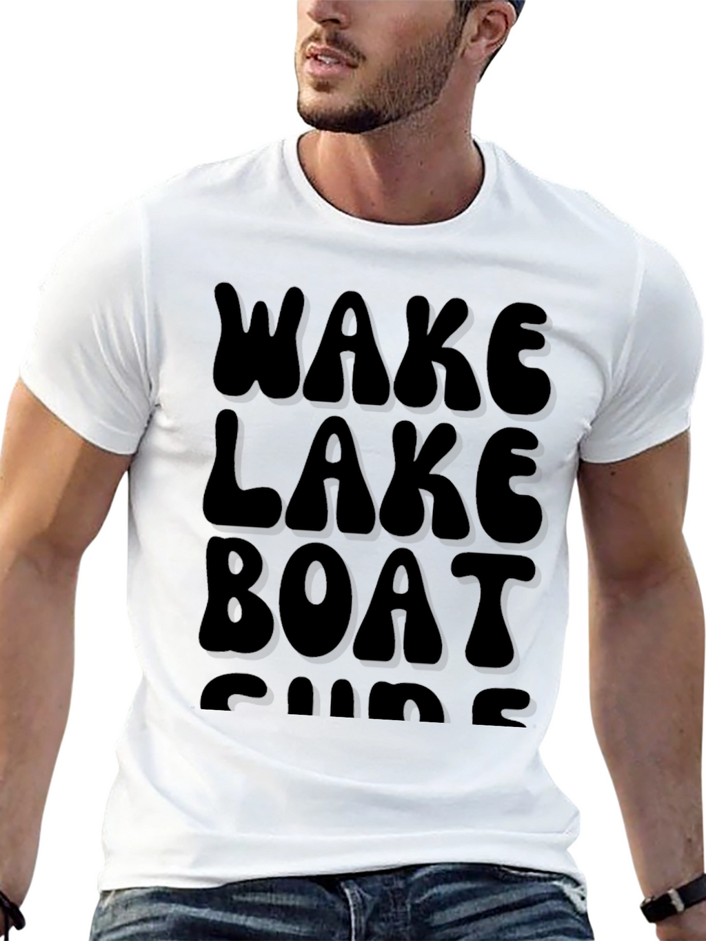 Wake Lake Boat Surf T-Shirt Black Cotton Tee