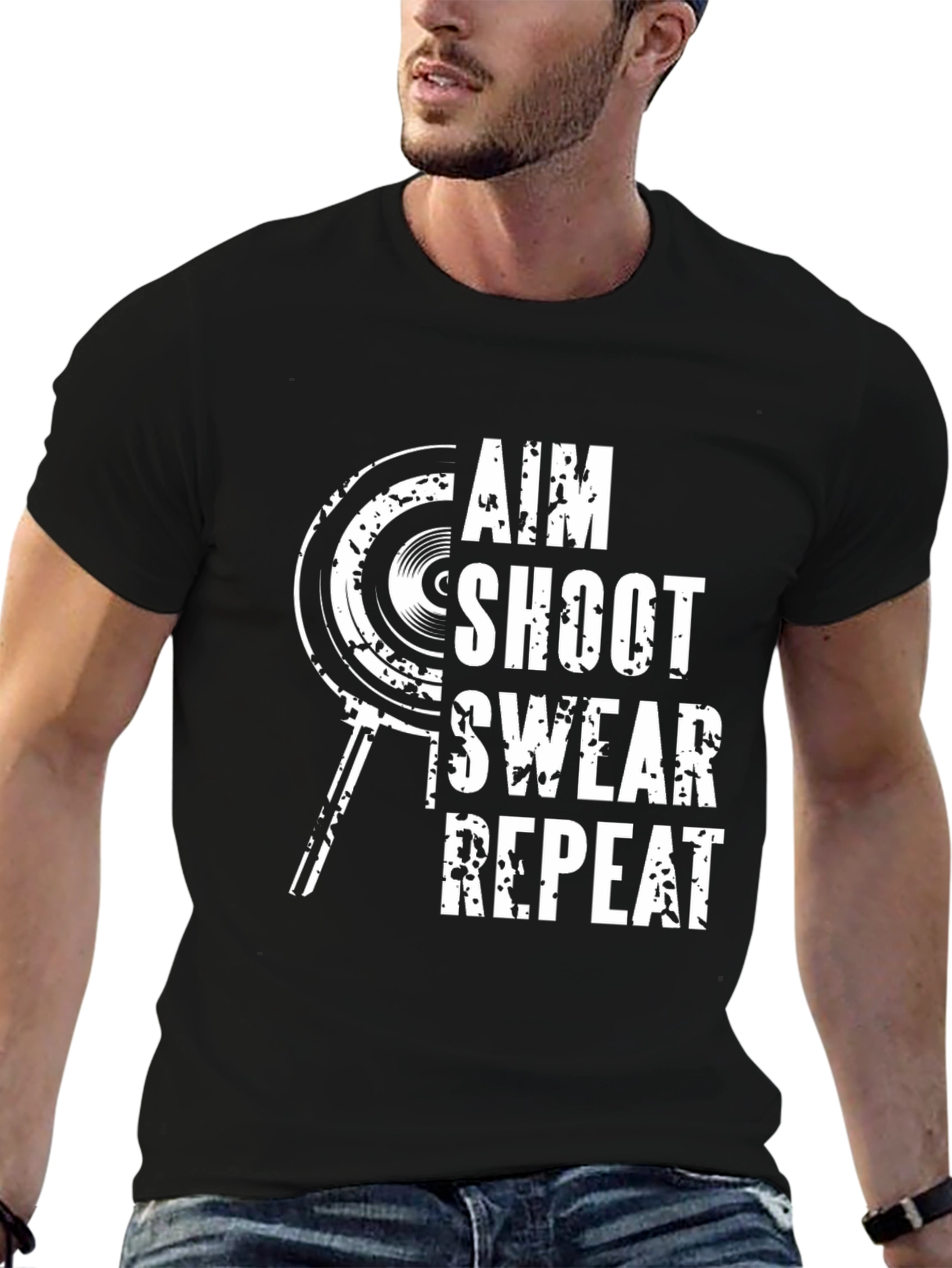 Aim Shoot Swear Repeat Black Graphic Tee