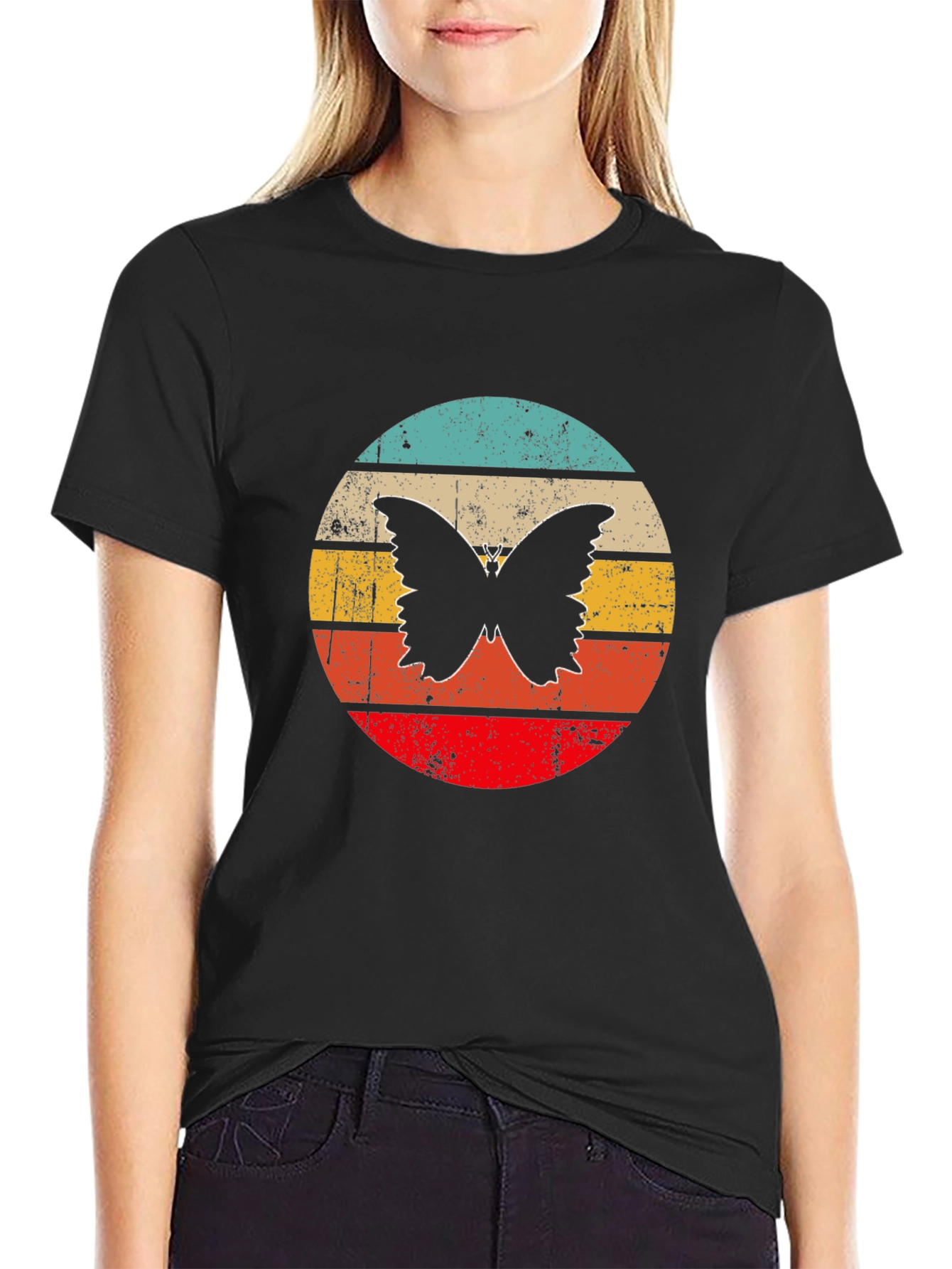Retro Butterfly Graphic Black T-Shirt