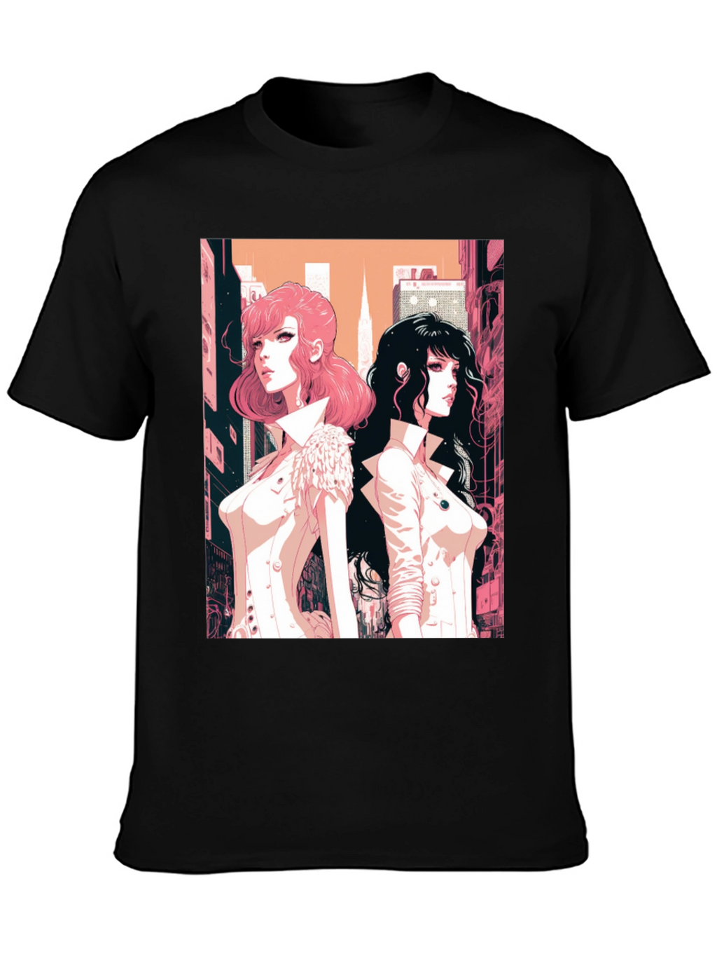 Anime Girls Graphic Tee - Black