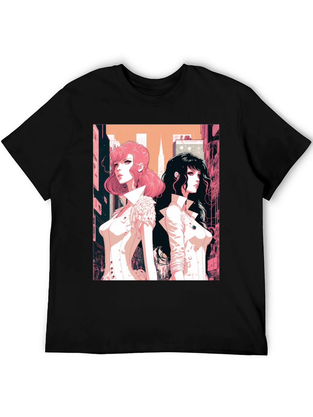 Anime Girls Graphic Tee - Black