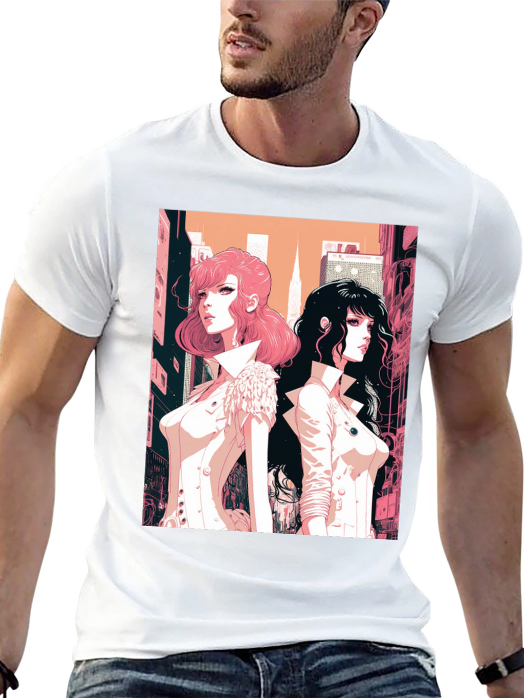 Anime Girls Graphic Tee - Black