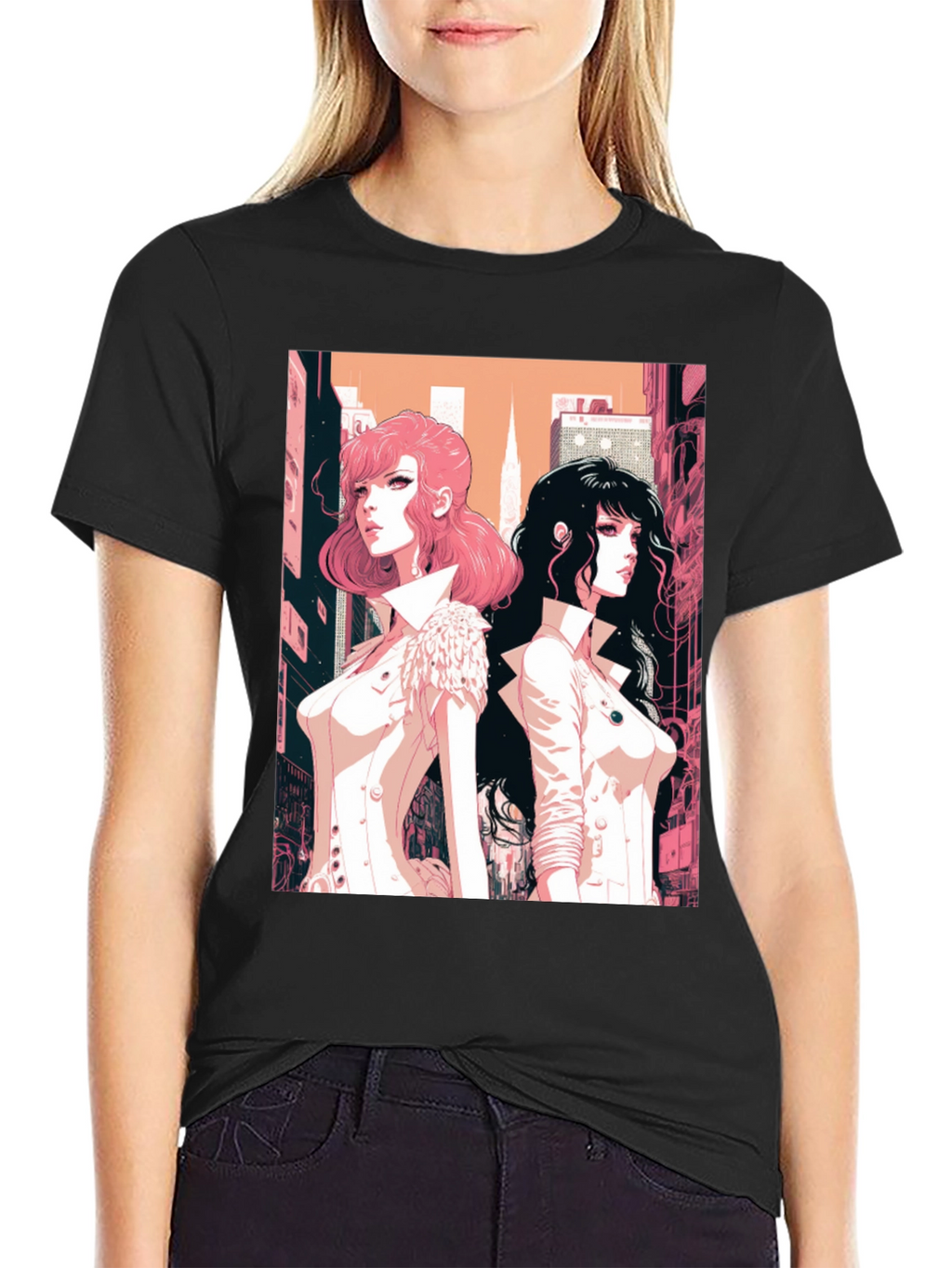 Anime Girls Graphic Tee - Black