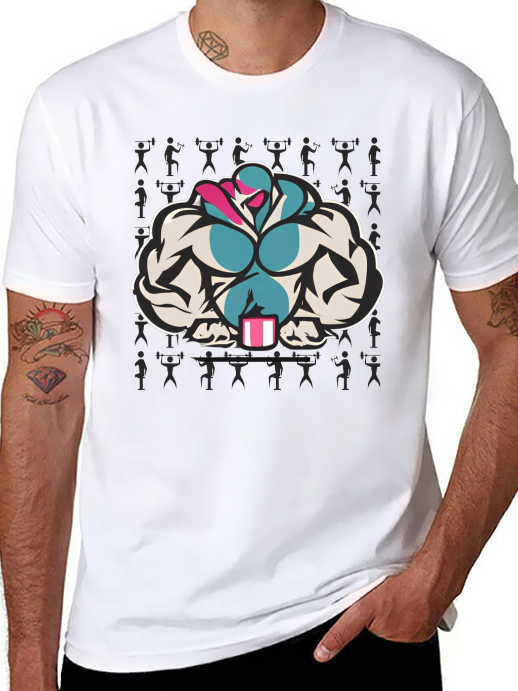 Black T-Shirt with Muscular Cartoon Graphic